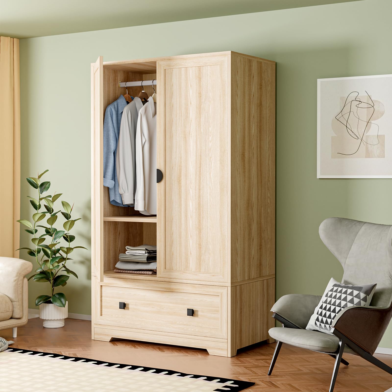 VINGLI Fluted Wardrobe Closet Armoire with Doors And Drawers, Wardrobe Cabinet with Hanging Rack, Bedroom Closet Wood, Oak Free Standing Armoire with Shelf and Solid Wood Legs, 31.5"W*19.7"D*69.3"H
