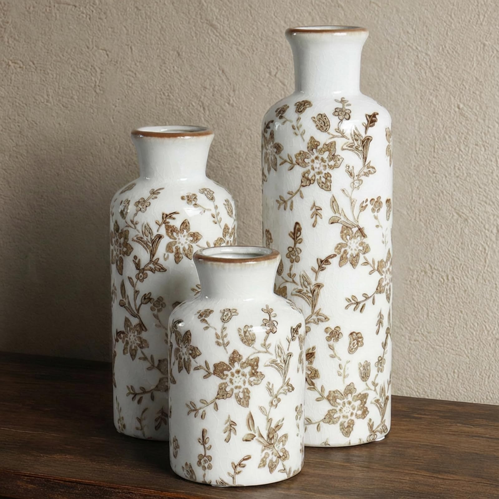 Ceramic Vase Set of 3, Vintage Ceramic Flower Vases, Crackle-Glaze & Distressed Rim, Blue Botanical Pattern, for Home Decor, Living Room Mantel & Dining Table Centerpiece