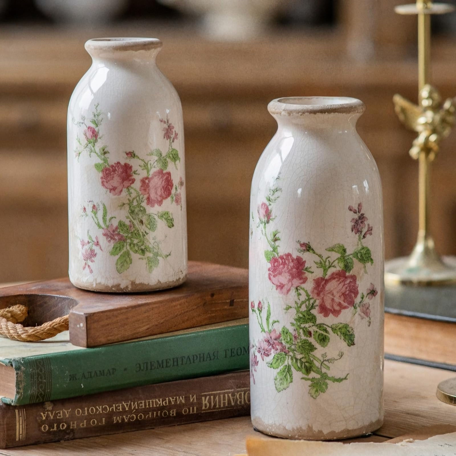 Vintage Vase Set of 3, Ceramic Vintage Flower Vases, Chinoiserie Decorative Home Decor Retro Floral Vase Rustic Farmhouse Decor for Table Bookshelf Mantel Kitchen Living Room Office - Colorful Daisy