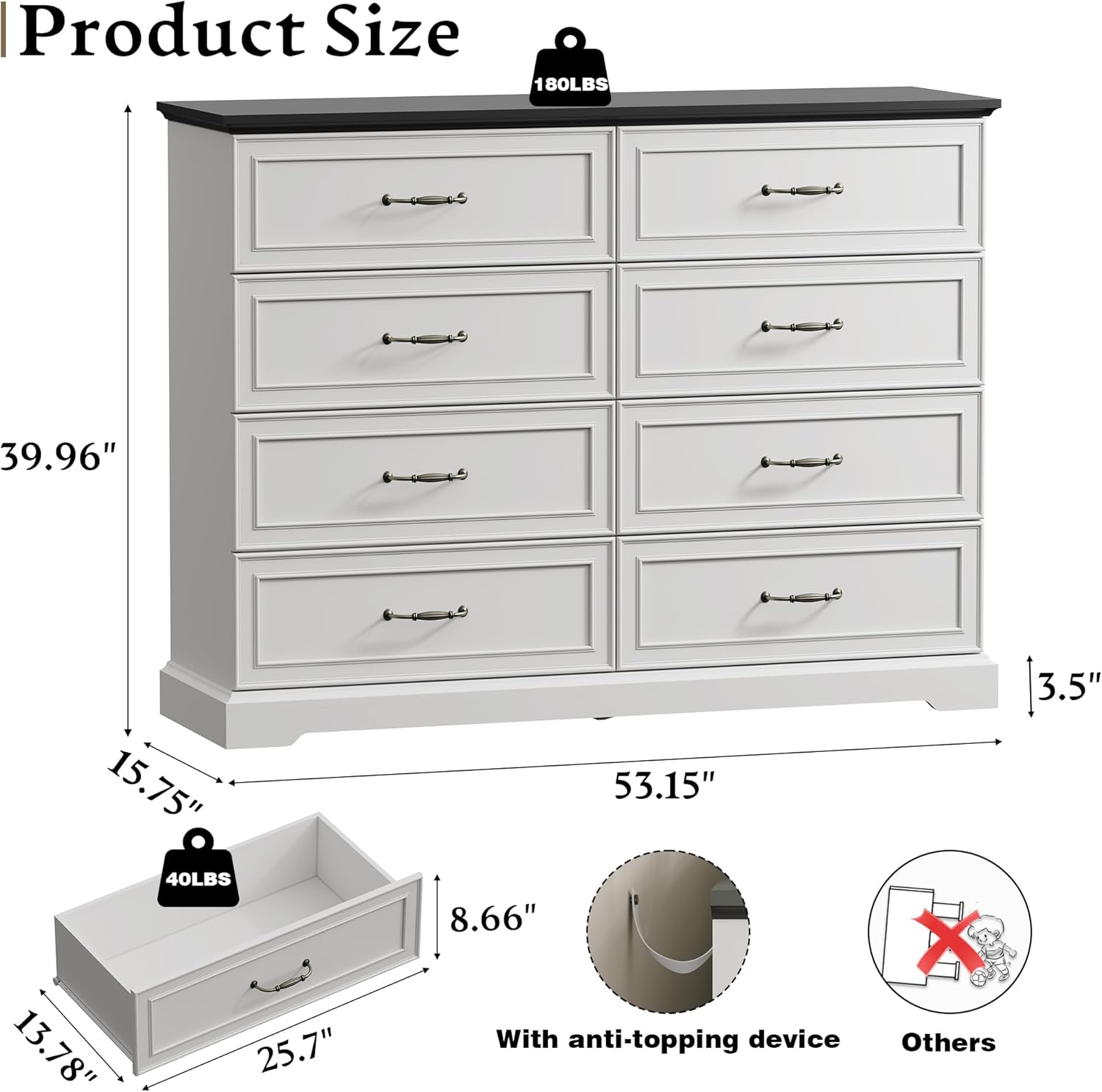 White Farmhouse 8-Drawer Wooden Dresser, 54" Wide Rustic Storage Chest with Bar Handles