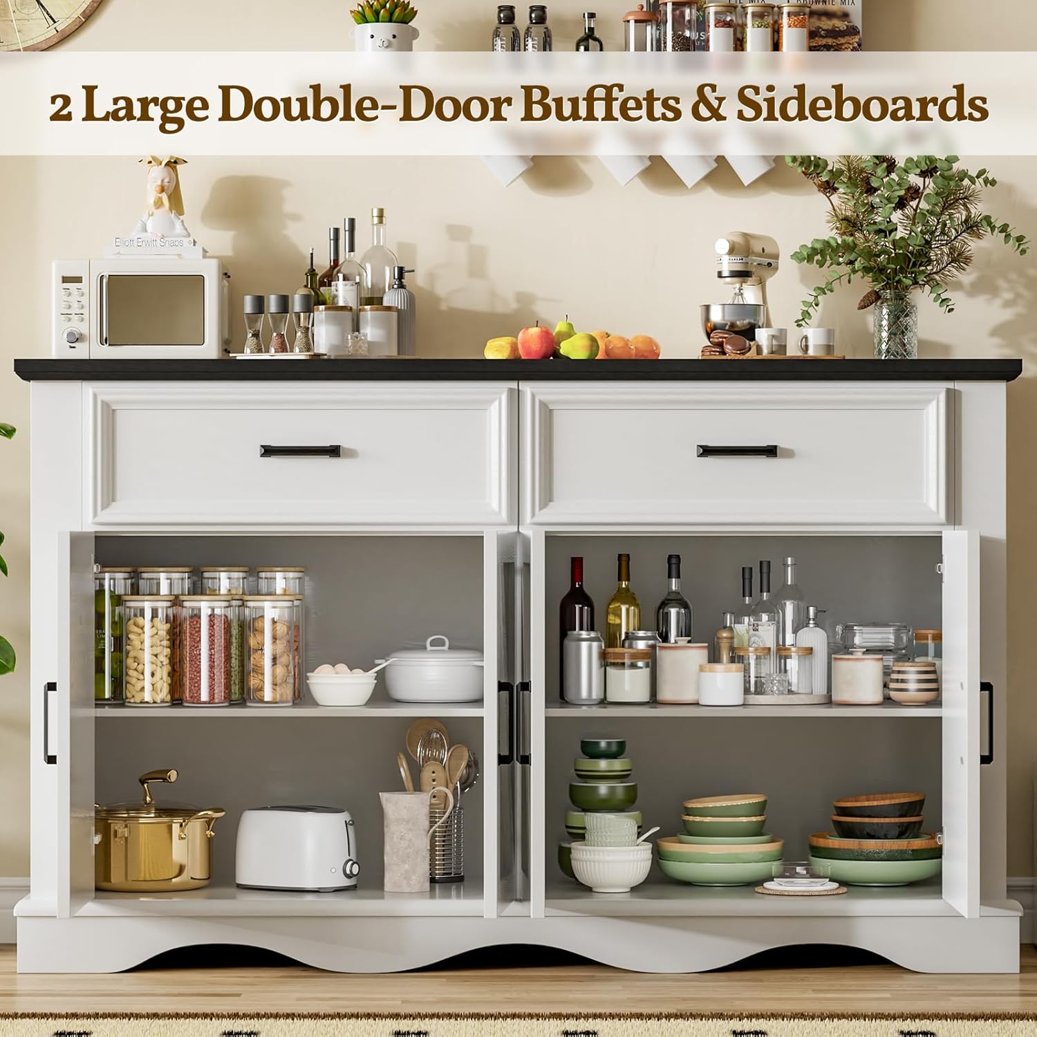 56" Modern Farmhouse Sideboard Buffet Cabinet with 4 Doors and 2 Drawers, Kitchen Storage Cabinet with Adjustable Shelves, Coffee Bar with Charging Station for Living Room, White