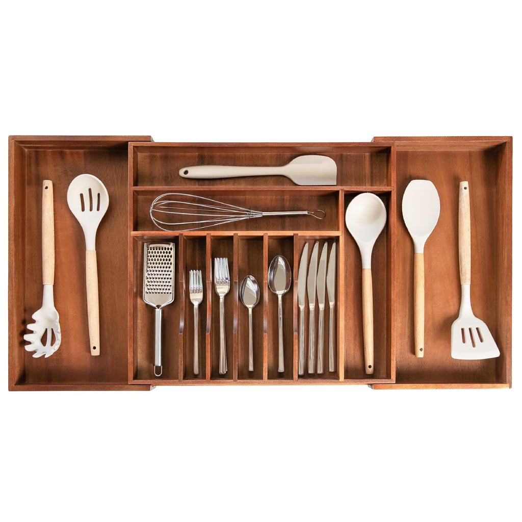 KitchenEdge Premium Silverware, Flatware and Utensil Organizer for Kitchen Drawers, Food-Safe Contract Grade, Expandable from 18 to 33 In, Natural Bamboo