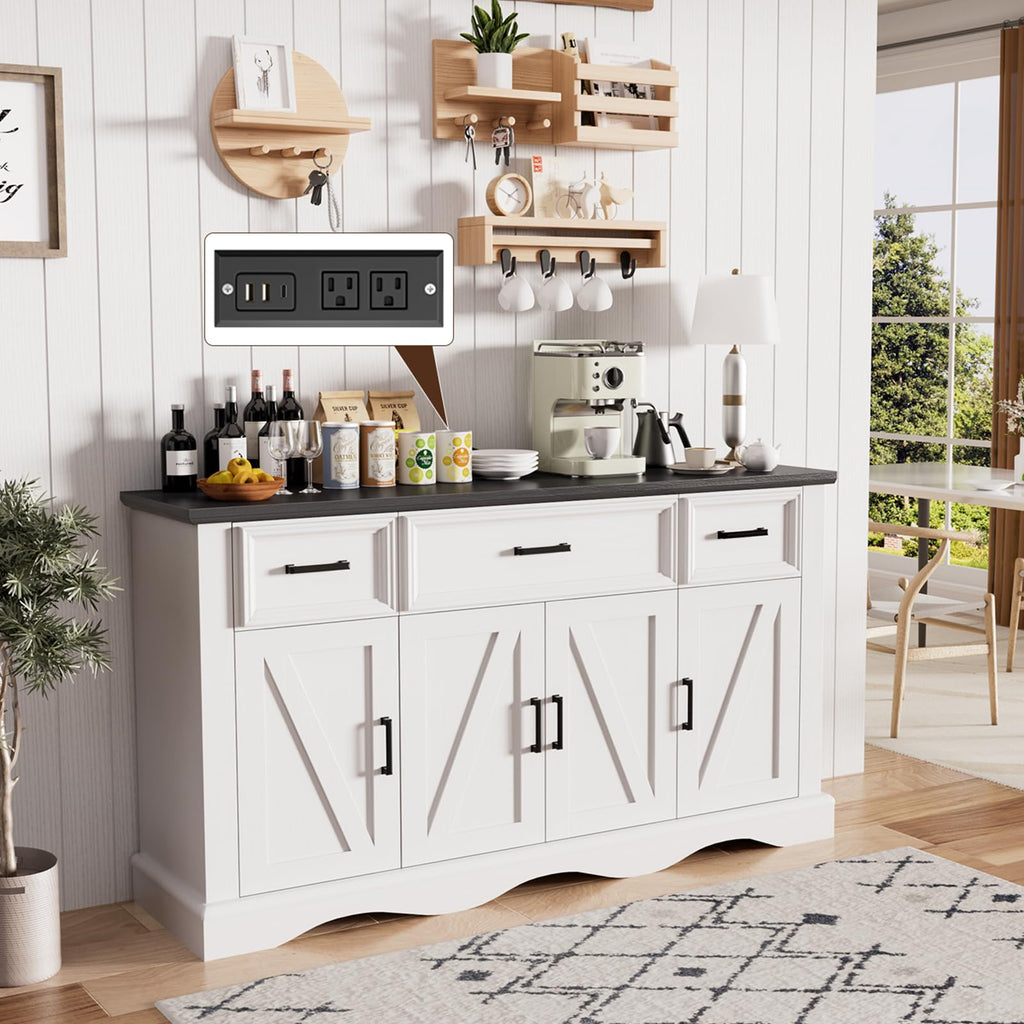 56" Modern Farmhouse Sideboard Buffet Cabinet with 4 Doors and 2 Drawers, Kitchen Storage Cabinet with Adjustable Shelves, Coffee Bar with Charging Station for Living Room, White