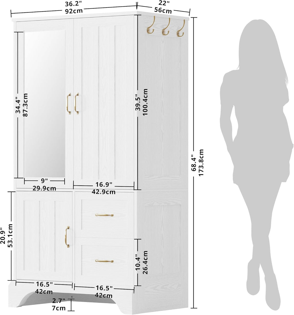 White 3-Door Mirrored Wooden Armoire Wardrobe Closet with 2 Drawers & Hanging Rod