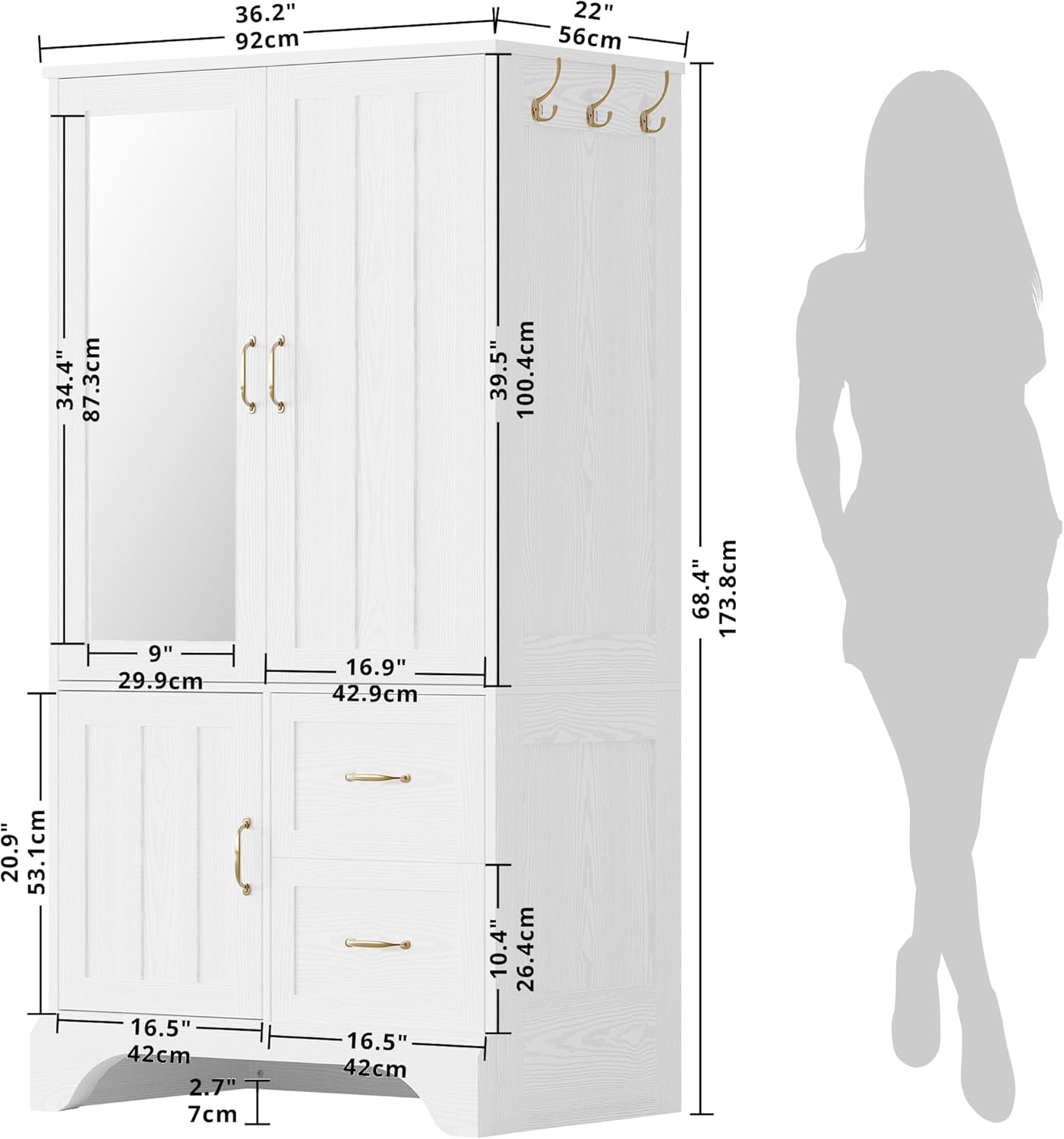 White 3-Door Mirrored Wooden Armoire Wardrobe Closet with 2 Drawers & Hanging Rod