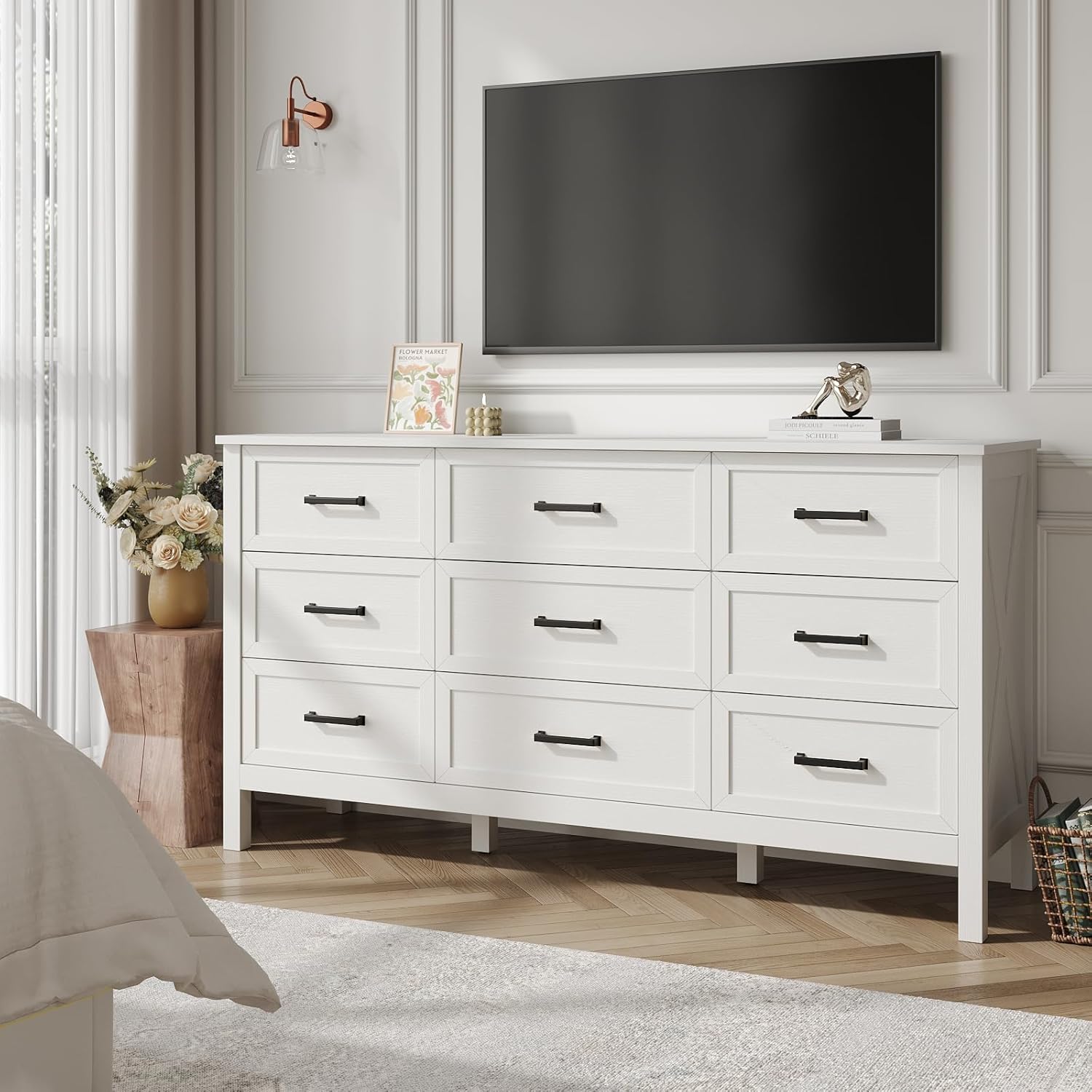 Farmhouse White 9 Drawers Dresser for Bedroom, Wood Rustic Wide Dressers with Metal Handles, Wood Chest for Bedroom, Hallway, Entryway