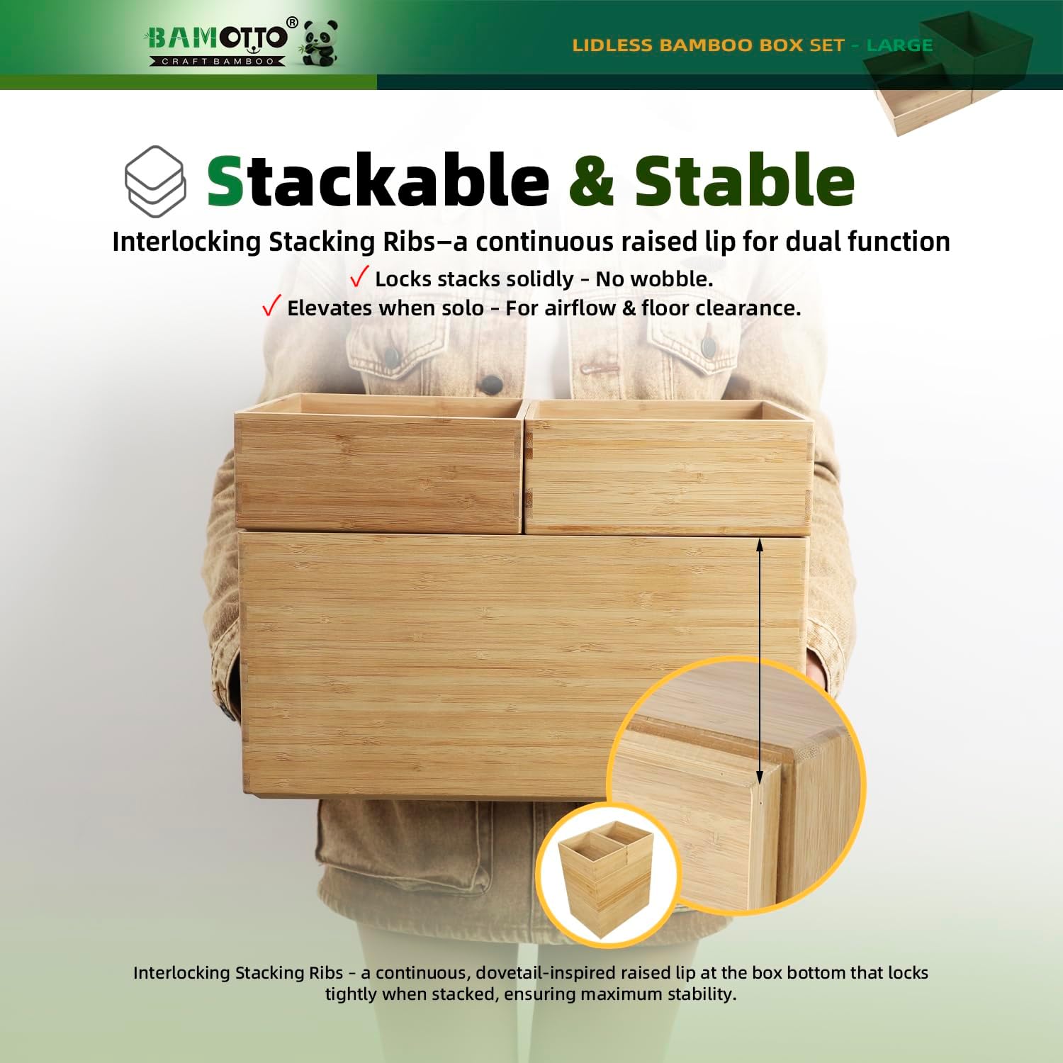 BAMOTTO CRAFTBAMBOO 3-Piece Large Bamboo Storage Box Set - 7.1in High Stackable Deep-Drawer Organizer, Lidless Bamboo Bin for Kitchen Cutlery Utensils Knives (14.6"x10.2"x7.1"*1 + 10.2"x7.3"x3"*2)