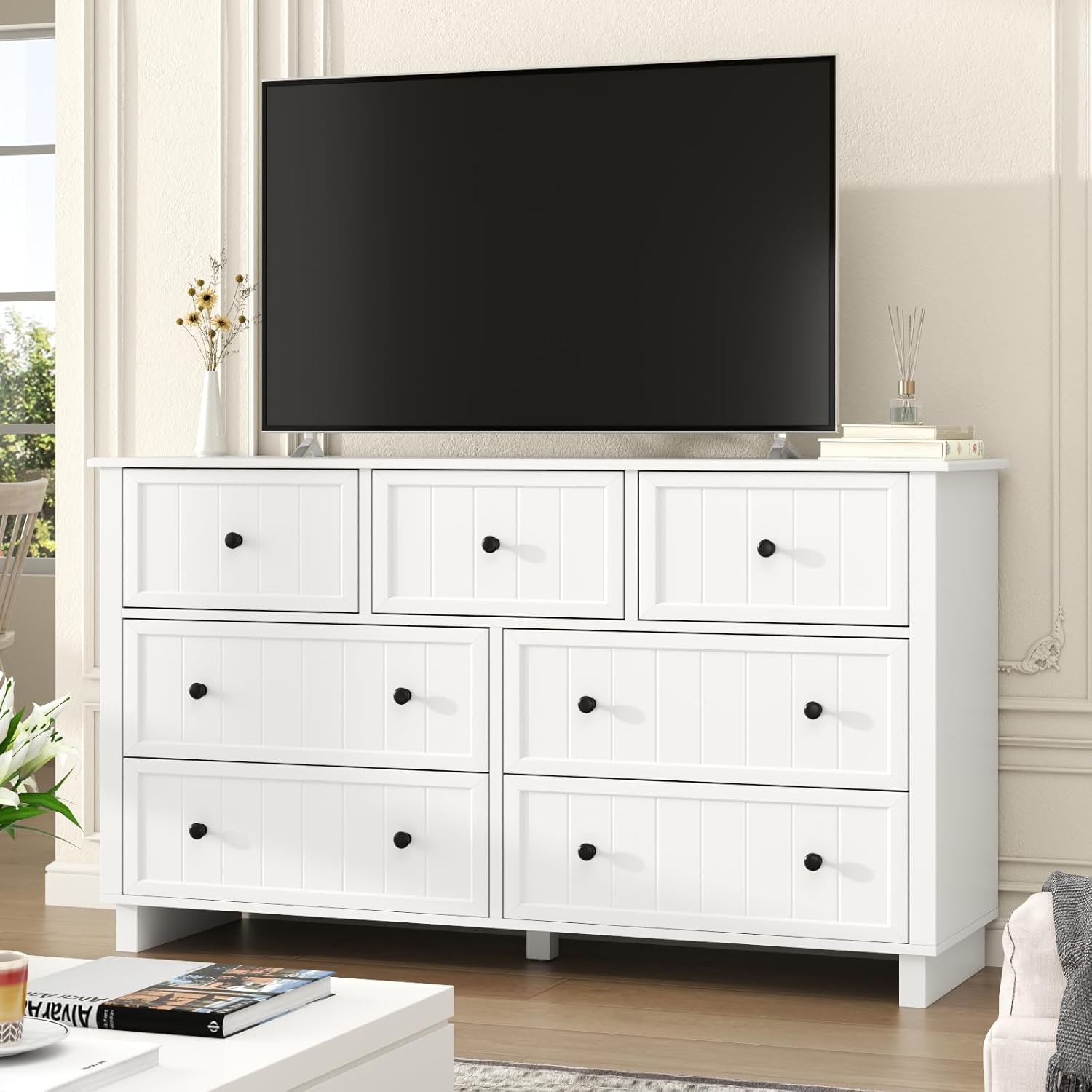 Farmhouse 7 Drawers Dresser for Bedroom, White Dresser Chest of Drawers, Wood Storage Dressers with Deep Drawers and Metal Handle, Wide Modern Dressers & TV Stand for Living Room, Closet, Hallway