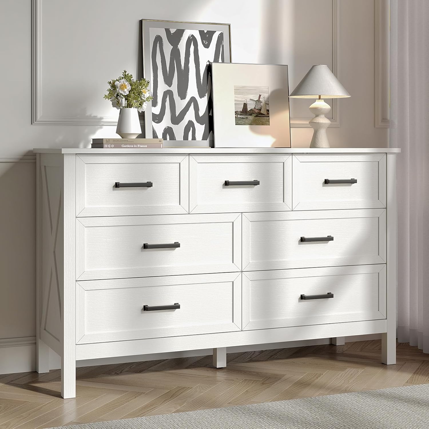 White 7 Drawers Dresser for Bedroom, Farmhouse Wood Rustic Wide Chest with Metal Handles, Storage Dressers Organizer for Bedroom, Hallway, Entryway