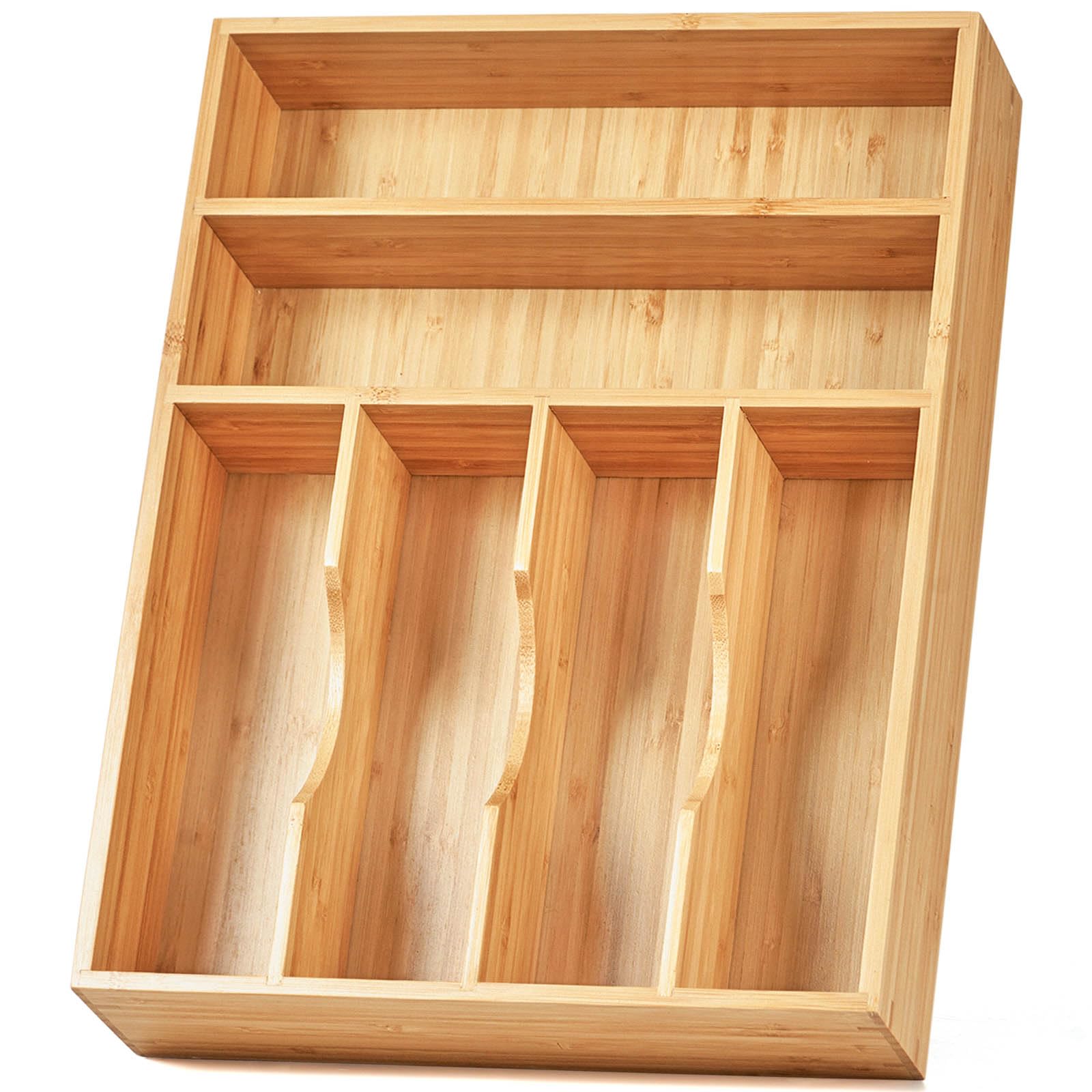 Umilife Bamboo Kitchen Drawer Organizer, 13 Inch Silverware Utensil Tray Holder, Extra Deep Grooved Drawer Divider, 7 Slots Total Bamboo Wood Caddy for Flatware Cutlery Knives, Forks, Spoons