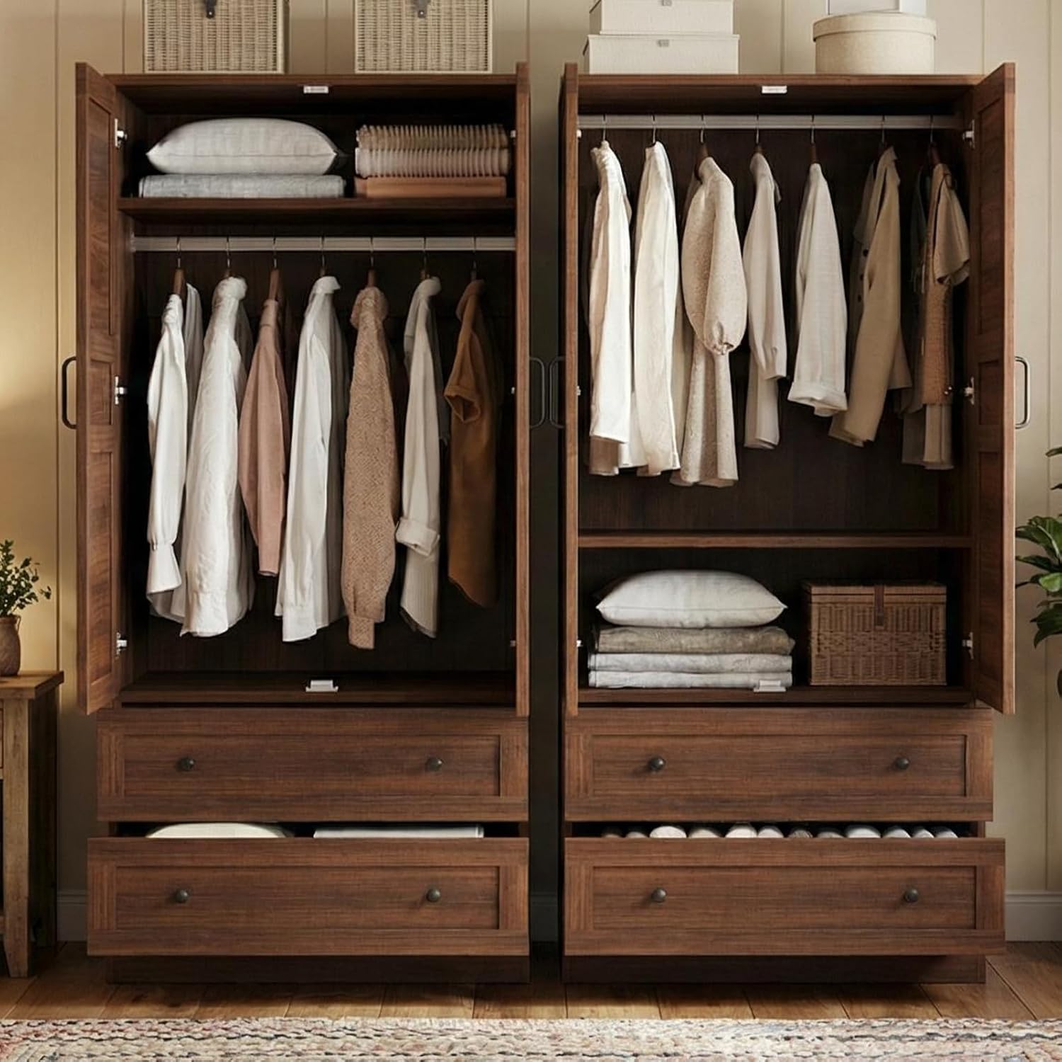 IDEALHOUSE 72" Armoire Wardrobe Closet with 2 Drawers, Heavy Duty Wooden Clothing Storage Cabinet with Hanging Rod and Adjustable Shelves, Large Bedroom Armoire with Doors, Walnut