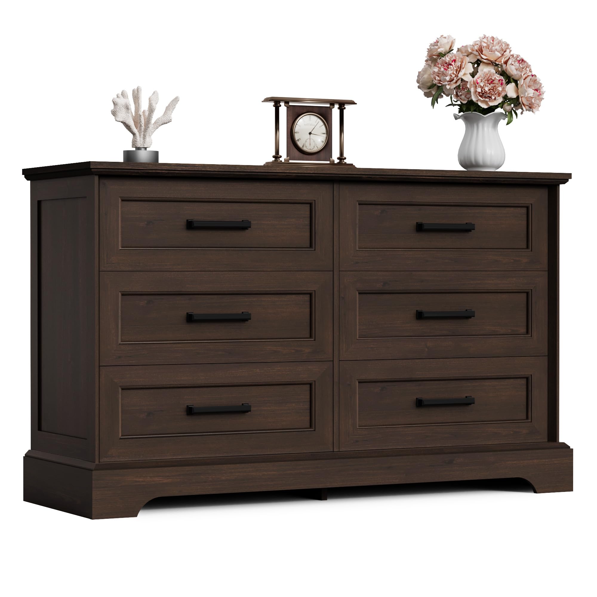 Furmax Farmhouse Dresser for Bedroom, 6 Drawers Dresser, Wood Chest of Drawers, 47.2" Wide Storage Dressers Organizer for Bedroom, Living Room, White and Black
