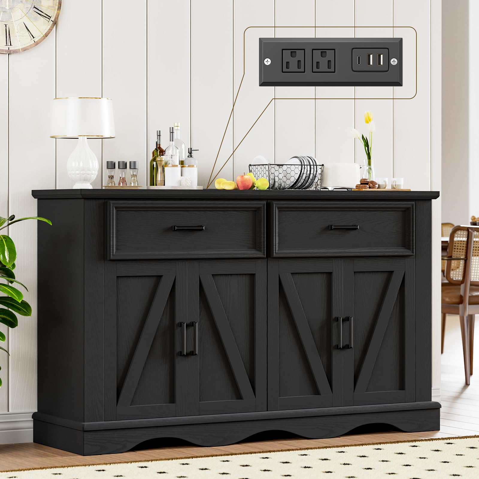 56" Modern Farmhouse Sideboard Buffet Cabinet with 4 Doors and 2 Drawers, Kitchen Storage Cabinet with Adjustable Shelves, Coffee Bar with Charging Station for Living Room, White