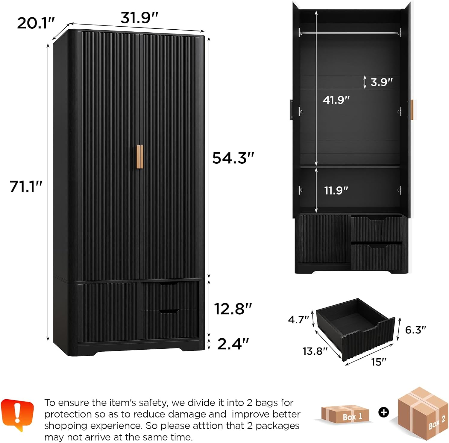 Vabches 71” Tall Armoire Wardrobe Closet with 2 Drawers and Shelves, Large Wooden Wardrobe Cabinet with Hanging Rod, Sliding Cabinet, Modern Fluted Clothing Storage Cabinet for Bedroom, Black