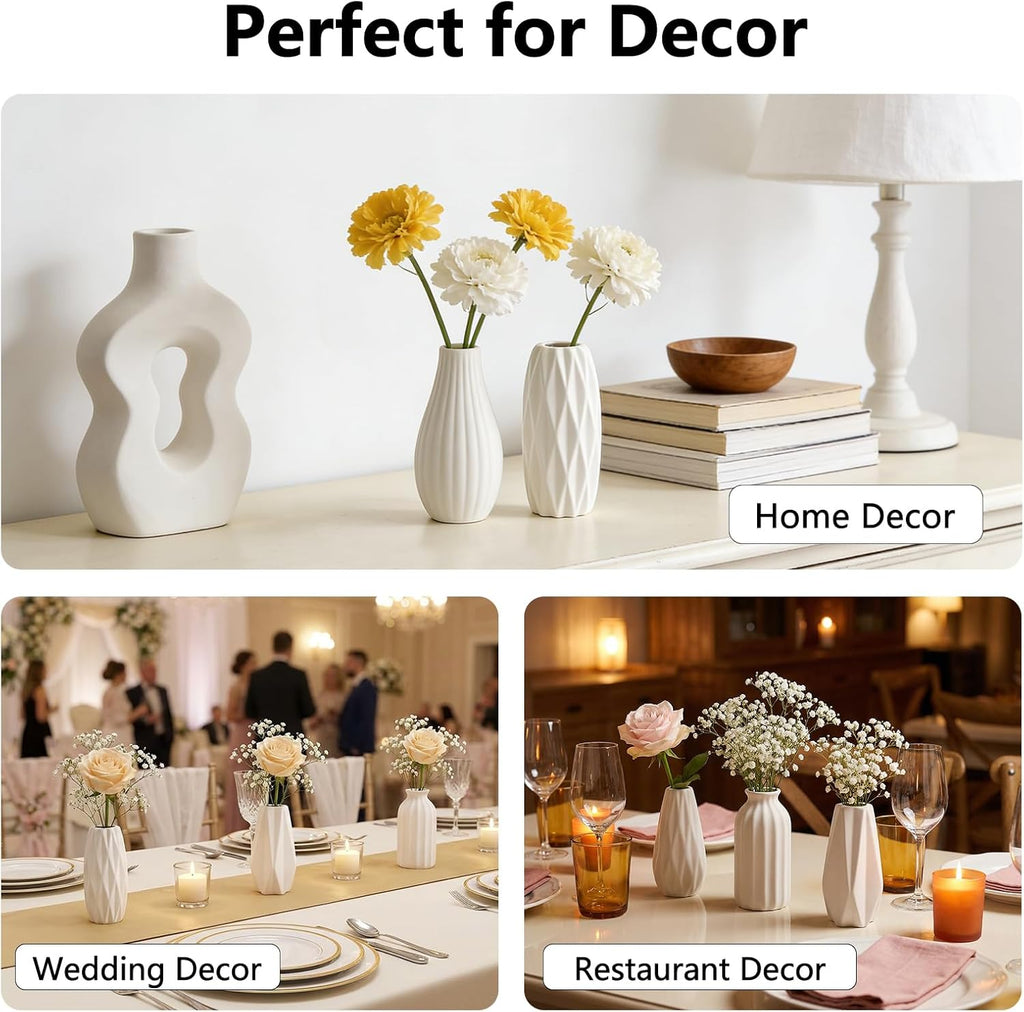 BEAHOT Ceramic Bud Vases Set of 12 - Matte Mini White Jars Bulk | Small White Ceramic Vases for Centerpieces, Wedding Floral Arrangements, DIY Crafts & Boho Table Decor (No Repeating Designs)