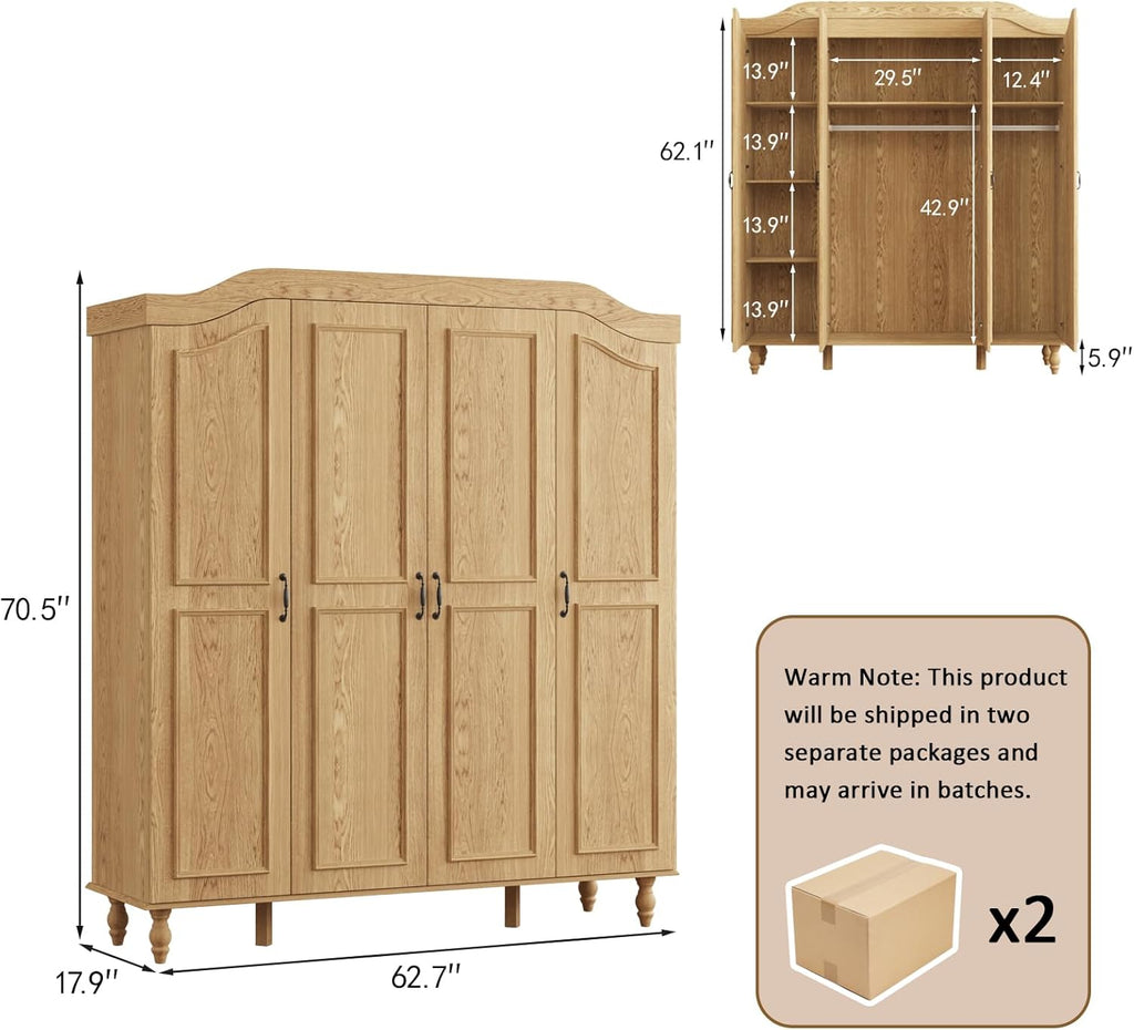 Arched Armoire Wardrobe Closet with 4 Doors, 71" H Wooden Large Capacity Wardrobe Cabinet with 2 Hanging Rods and 8 Shelves, Freestanding Armoire Storage Cabinet for Bedroom, Cloak Room, Natural