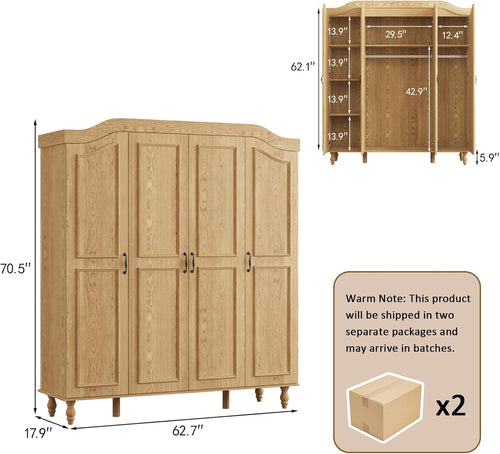 Arched Armoire Wardrobe Closet with 4 Doors, 71" H Wooden Large Capacity Wardrobe Cabinet with 2 Hanging Rods and 8 Shelves, Freestanding Armoire Storage Cabinet for Bedroom, Cloak Room, Natural