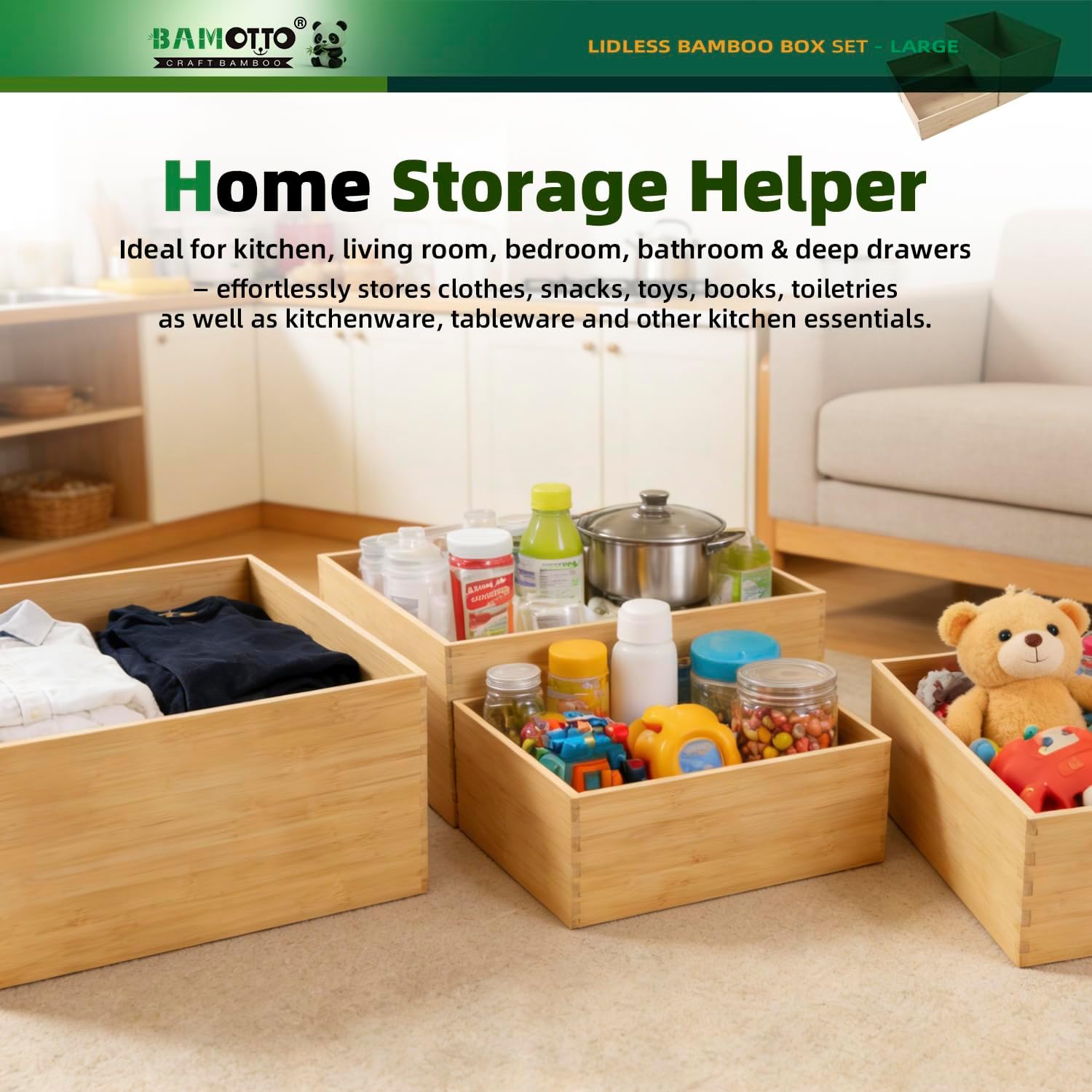 BAMOTTO CRAFTBAMBOO 3-Piece Large Bamboo Storage Box Set - 7.1in High Stackable Deep-Drawer Organizer, Lidless Bamboo Bin for Kitchen Cutlery Utensils Knives (14.6"x10.2"x7.1"*1 + 10.2"x7.3"x3"*2)