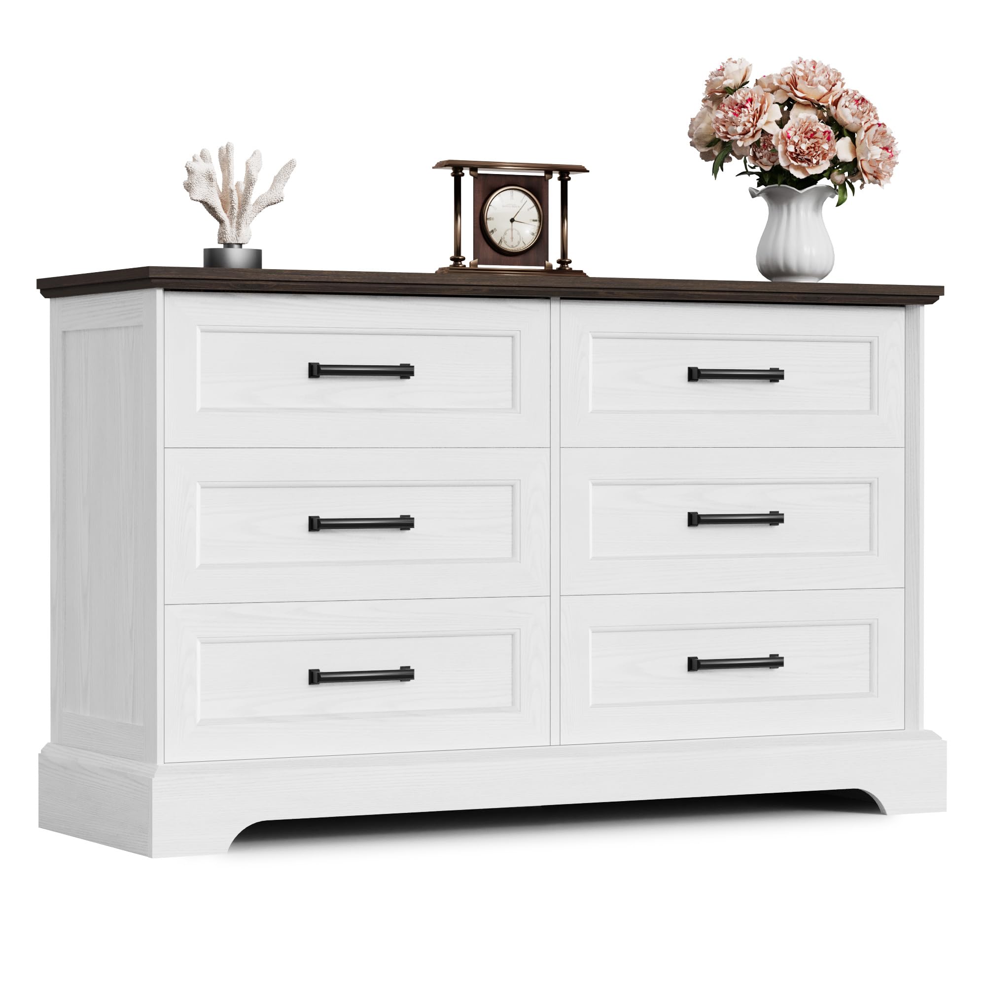 Furmax Farmhouse Dresser for Bedroom, 6 Drawers Dresser, Wood Chest of Drawers, 47.2" Wide Storage Dressers Organizer for Bedroom, Living Room, White and Black