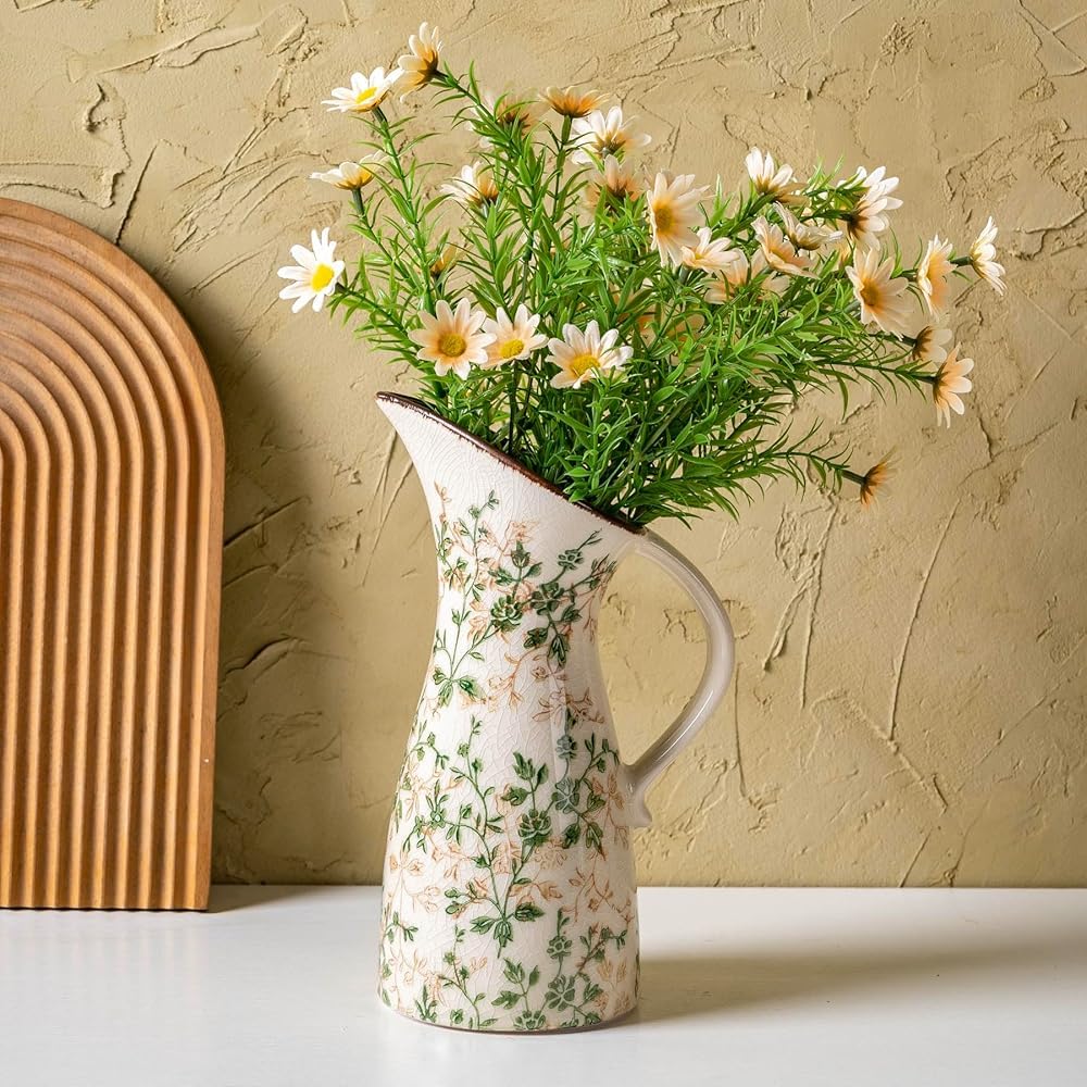 Ceramic Flower Vases Set of 3 | Green Rustic Farmhouse Vase Set for Home Decor, Vintage Floral Decorative Vase for Living Room & Kitchen, Mantel & Bookshelf, Centerpieces, Entryway(5.7+5.9+7.1Inch)
