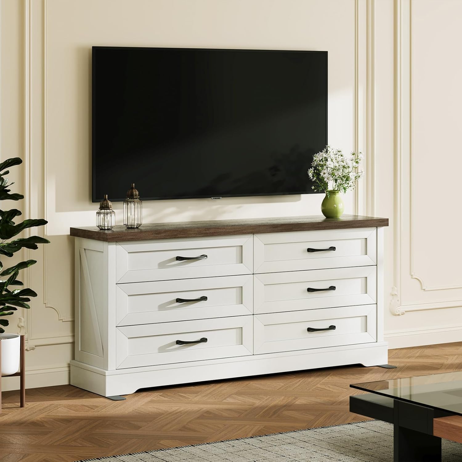 AODK Farmhouse 6 Drawer Dresser for Bedroom, White 59" Wide Engineered Wooden Chest of Drawers with Thick Board, Metal Handles, Modern Storage Cabinet for Living Room, Entryway, Walnut Top