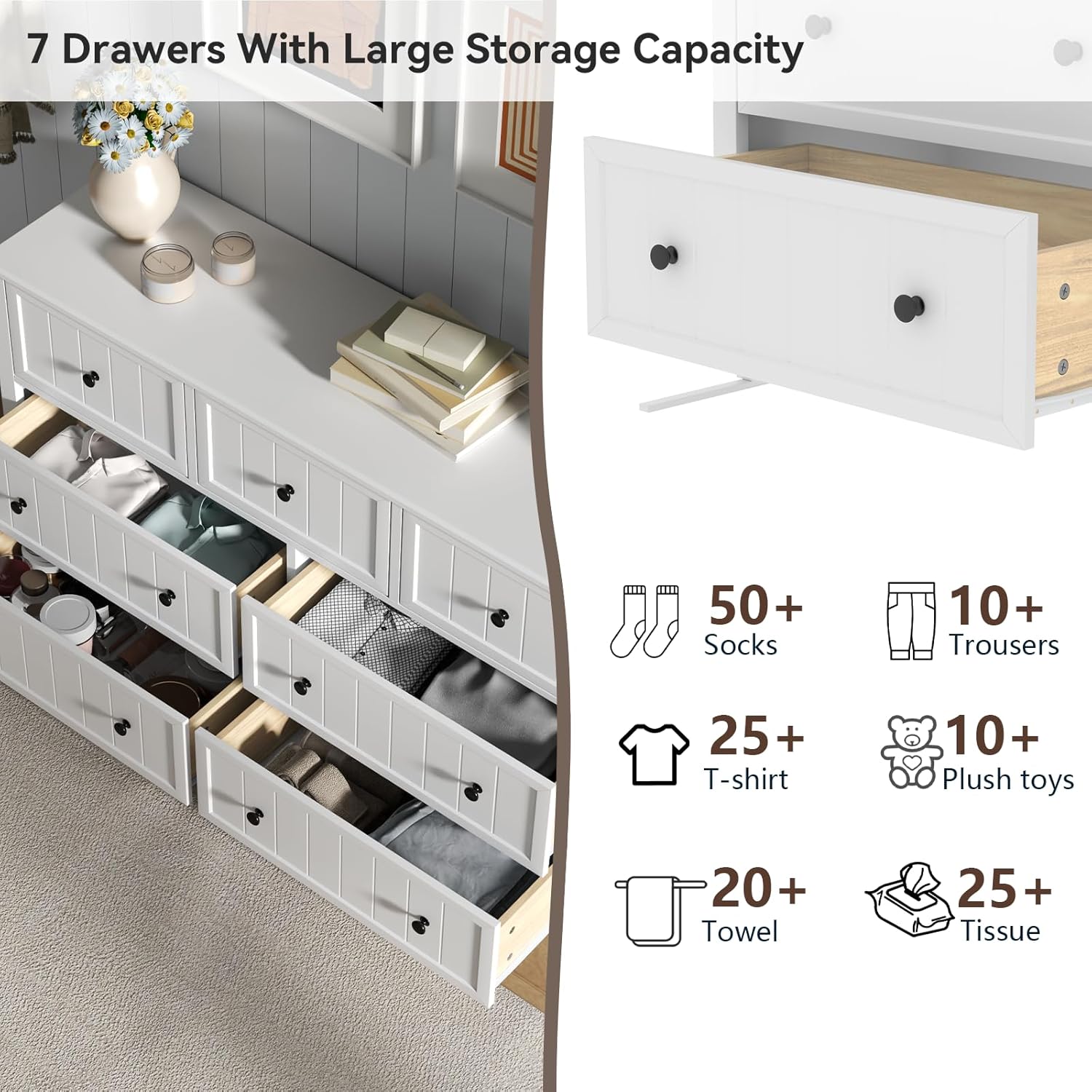 Farmhouse 7 Drawers Dresser for Bedroom, White Dresser Chest of Drawers, Wood Storage Dressers with Deep Drawers and Metal Handle, Wide Modern Dressers & TV Stand for Living Room, Closet, Hallway