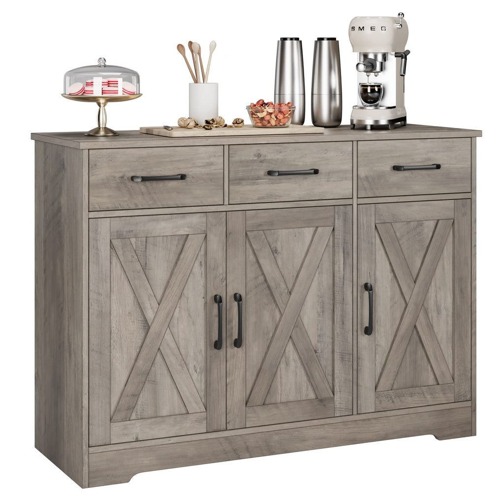 HOSTACK Modern Farmhouse Sideboard Buffet Cabinet, Barn Doors Buffet Storage Cabinet with Drawers and Shelves, Wood Coffee Bar with Storage for Kitchen, Dining Room, Living Room, White