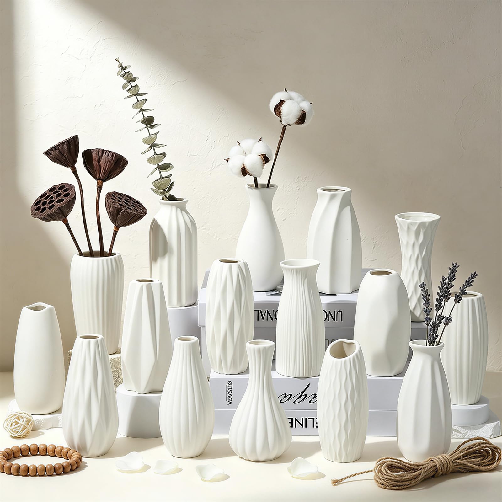 BEAHOT Ceramic Bud Vases Set of 12 - Matte Mini White Jars Bulk | Small White Ceramic Vases for Centerpieces, Wedding Floral Arrangements, DIY Crafts & Boho Table Decor (No Repeating Designs)