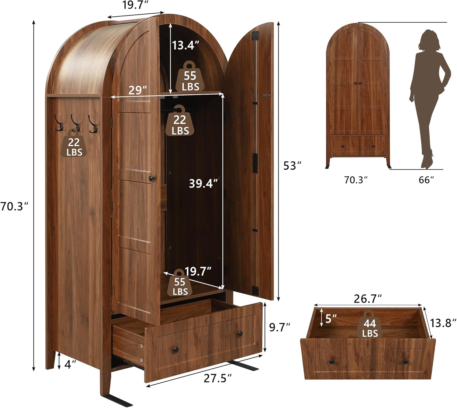 Einhomn Armoire Wardrobe Closet with Drawer & 2 Arched Doors, 70.3'' Tall Wood Closet Organizer with Hanging Rod & 3 Hooks, Large Storage Cabinet Freestanding Bedroom Admoires, Easy Assembly, Walnut