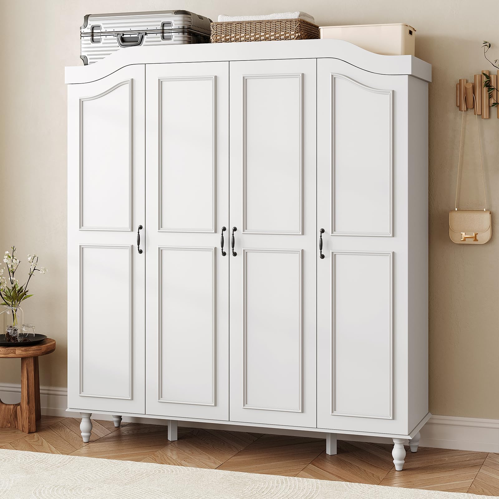 Arched Armoire Wardrobe Closet with 4 Doors, 71" H Wooden Large Capacity Wardrobe Cabinet with 2 Hanging Rods and 8 Shelves, Freestanding Armoire Storage Cabinet for Bedroom, Cloak Room, Natural