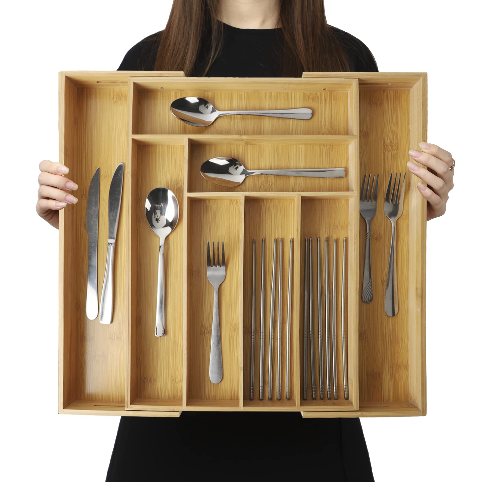 BAMOTTO CRAFTBAMBOO Stack Bamboo Drawer Organizer Set of 5, Kitchen Utensil, Flatware&Silverware Organizer-Wood Laminated Stackable for Kitchen, Bedroom, 13.4''x4.5''*2+10.2''x3.3''*2+10.2''x6.7''*1