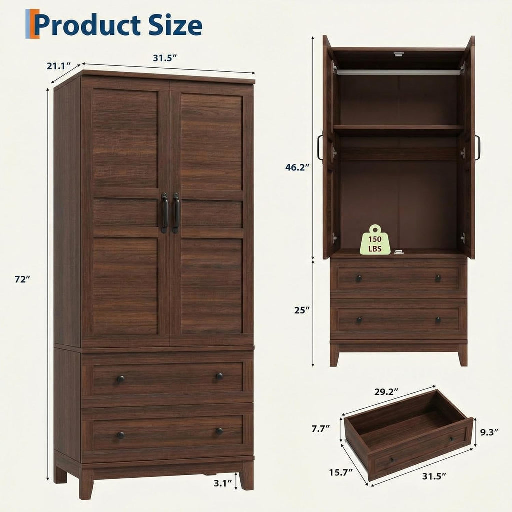 IDEALHOUSE 72" Armoire Wardrobe Closet with 2 Drawers, Heavy Duty Wooden Clothing Storage Cabinet with Hanging Rod and Adjustable Shelves, Large Bedroom Armoire with Doors, Walnut