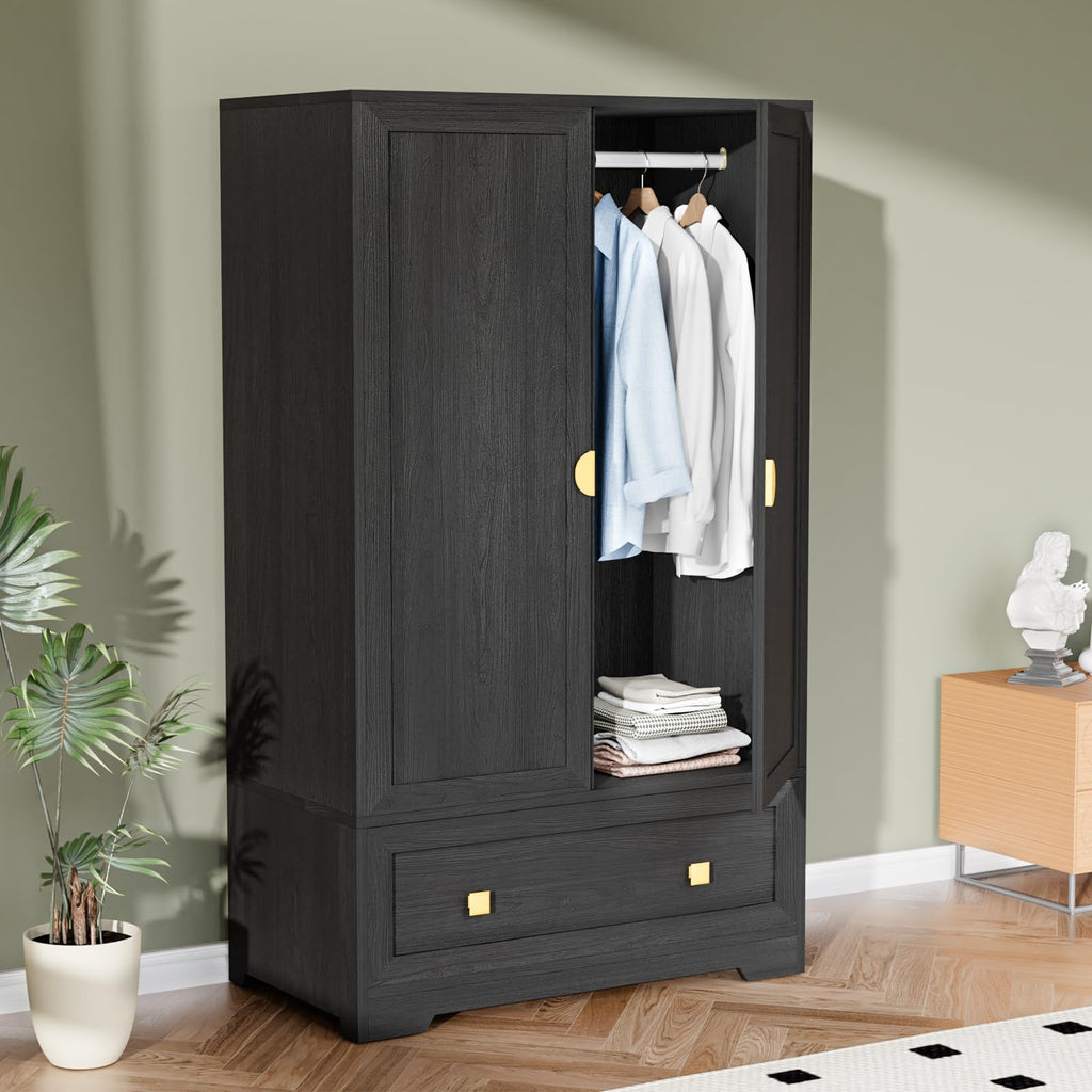 VINGLI Fluted Wardrobe Closet Armoire with Doors And Drawers, Wardrobe Cabinet with Hanging Rack, Bedroom Closet Wood, Oak Free Standing Armoire with Shelf and Solid Wood Legs, 31.5"W*19.7"D*69.3"H