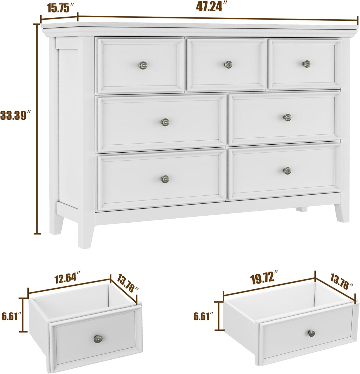 BOSHIRO White Dresser for Bedroom, White 7 Drawers Dresser, Modern 7 Chest of Drawers, Closet Dresser, Farmhouse Dresser with 7 Storage Drawers Cabinet for Home Office, Study Room