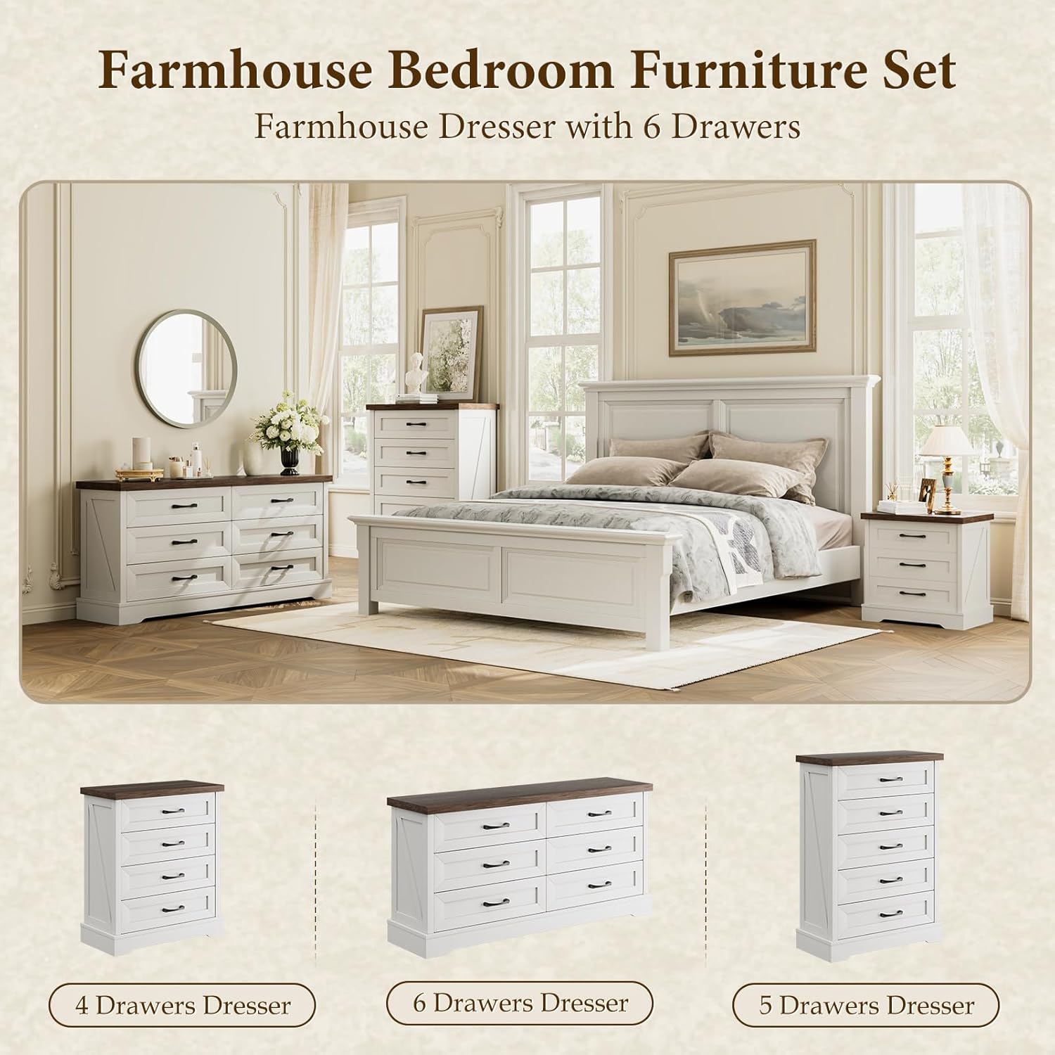 AODK Farmhouse 6 Drawer Dresser for Bedroom, White 59" Wide Engineered Wooden Chest of Drawers with Thick Board, Metal Handles, Modern Storage Cabinet for Living Room, Entryway, Walnut Top