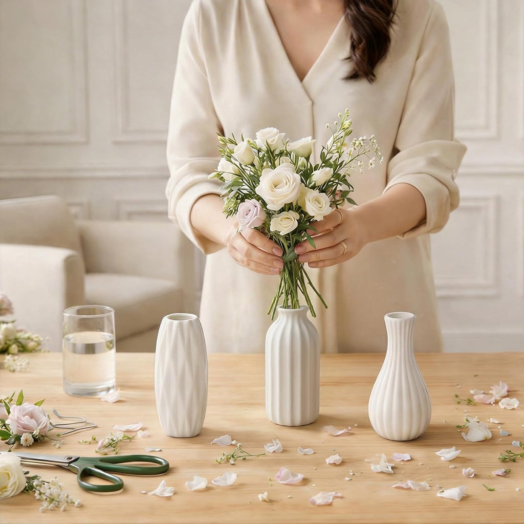 BEAHOT Ceramic Bud Vases Set of 12 - Matte Mini White Jars Bulk | Small White Ceramic Vases for Centerpieces, Wedding Floral Arrangements, DIY Crafts & Boho Table Decor (No Repeating Designs)