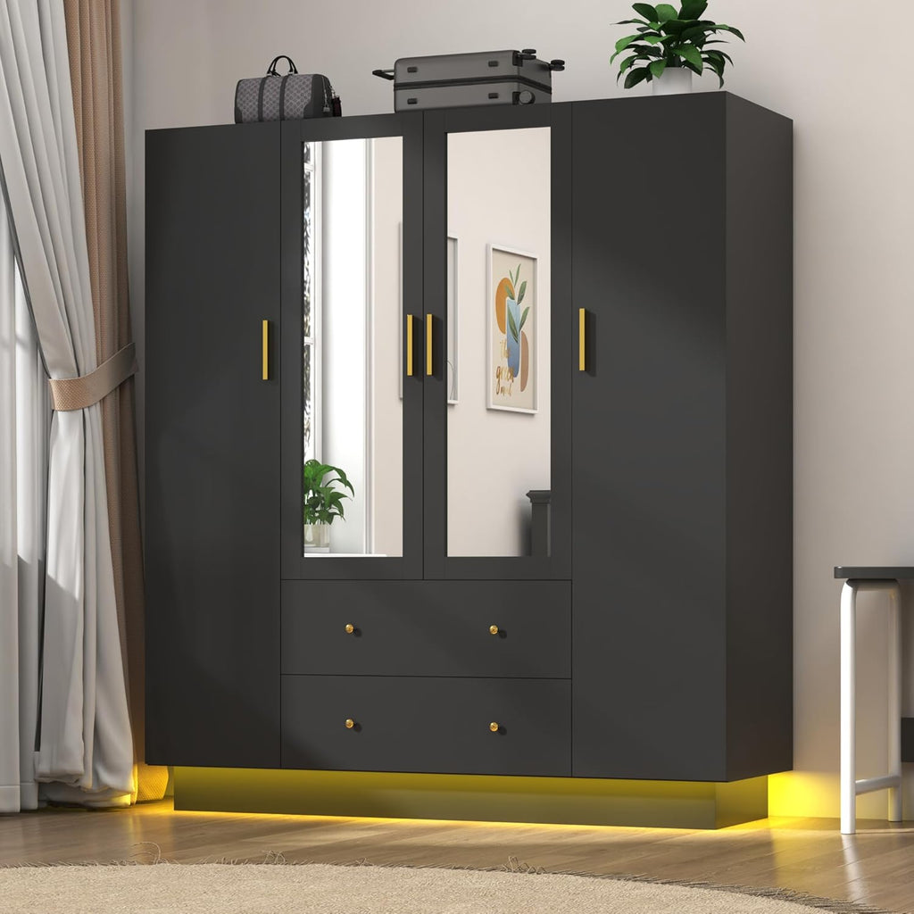 jiteentarou 2 Door Wardrobe Closet with Mirrors and LED Lights, Small Bedroom Armoire with Drawers, Modern Wooden Armoire Wardrobe Closet with Hanging Rod for Bedroom, Brown
