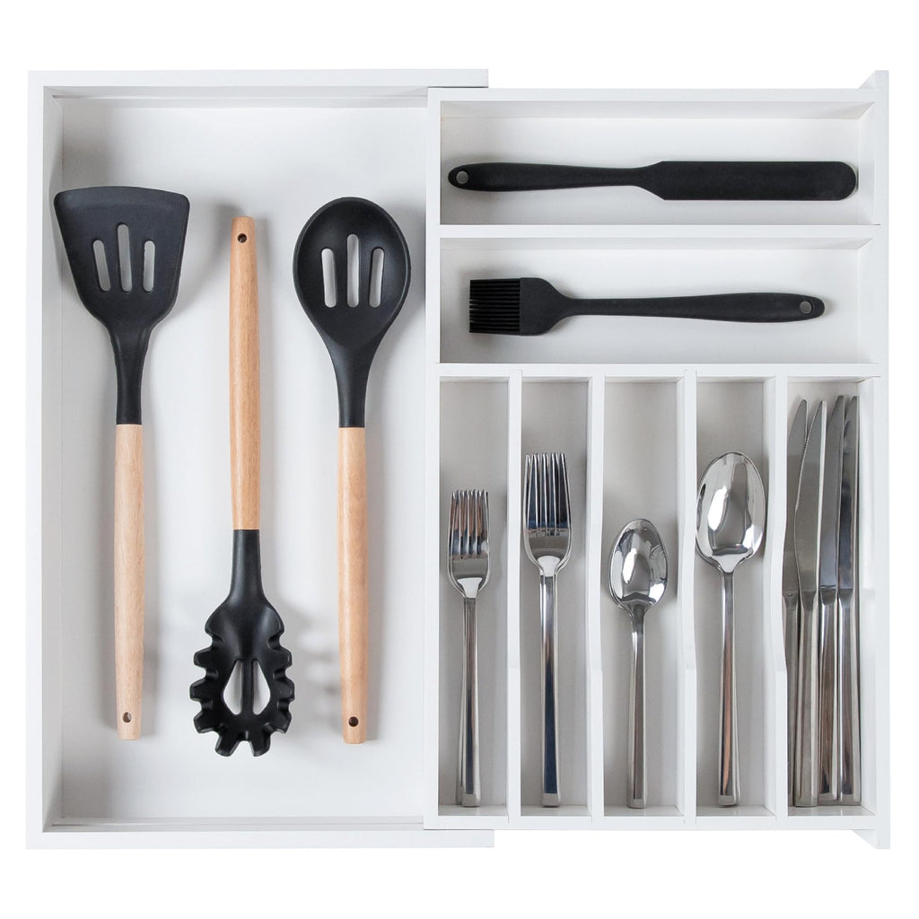 KitchenEdge Premium Silverware, Flatware and Utensil Organizer for Kitchen Drawers, Food-Safe Contract Grade, Expandable from 18 to 33 In, Natural Bamboo