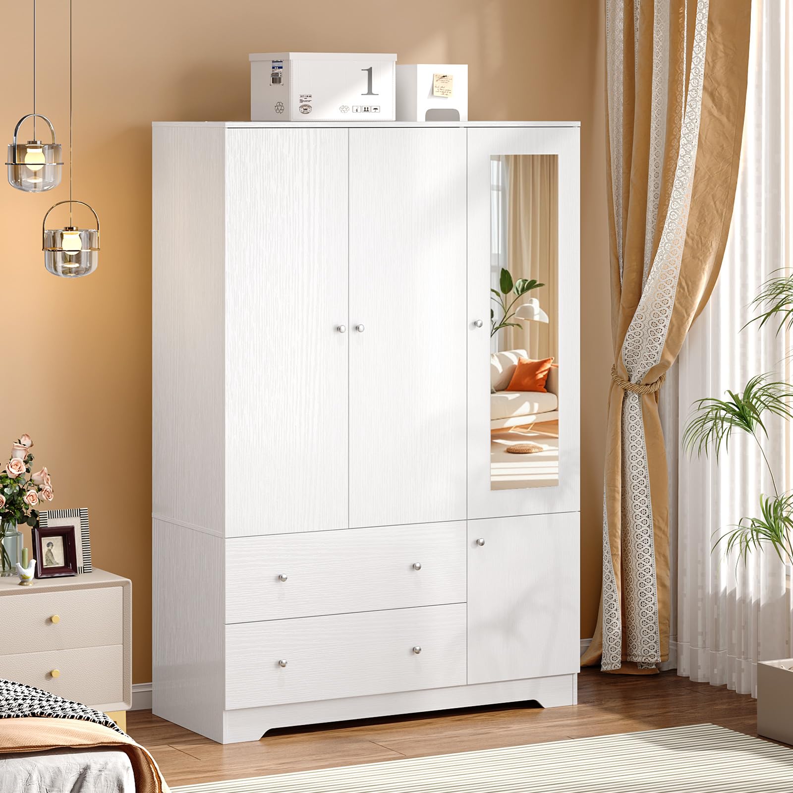 VINGLI Fluted Wardrobe Closet Armoire with Doors And Drawers, Wardrobe Cabinet with Hanging Rack, Bedroom Closet Wood, Oak Free Standing Armoire with Shelf and Solid Wood Legs, 31.5"W*19.7"D*69.3"H