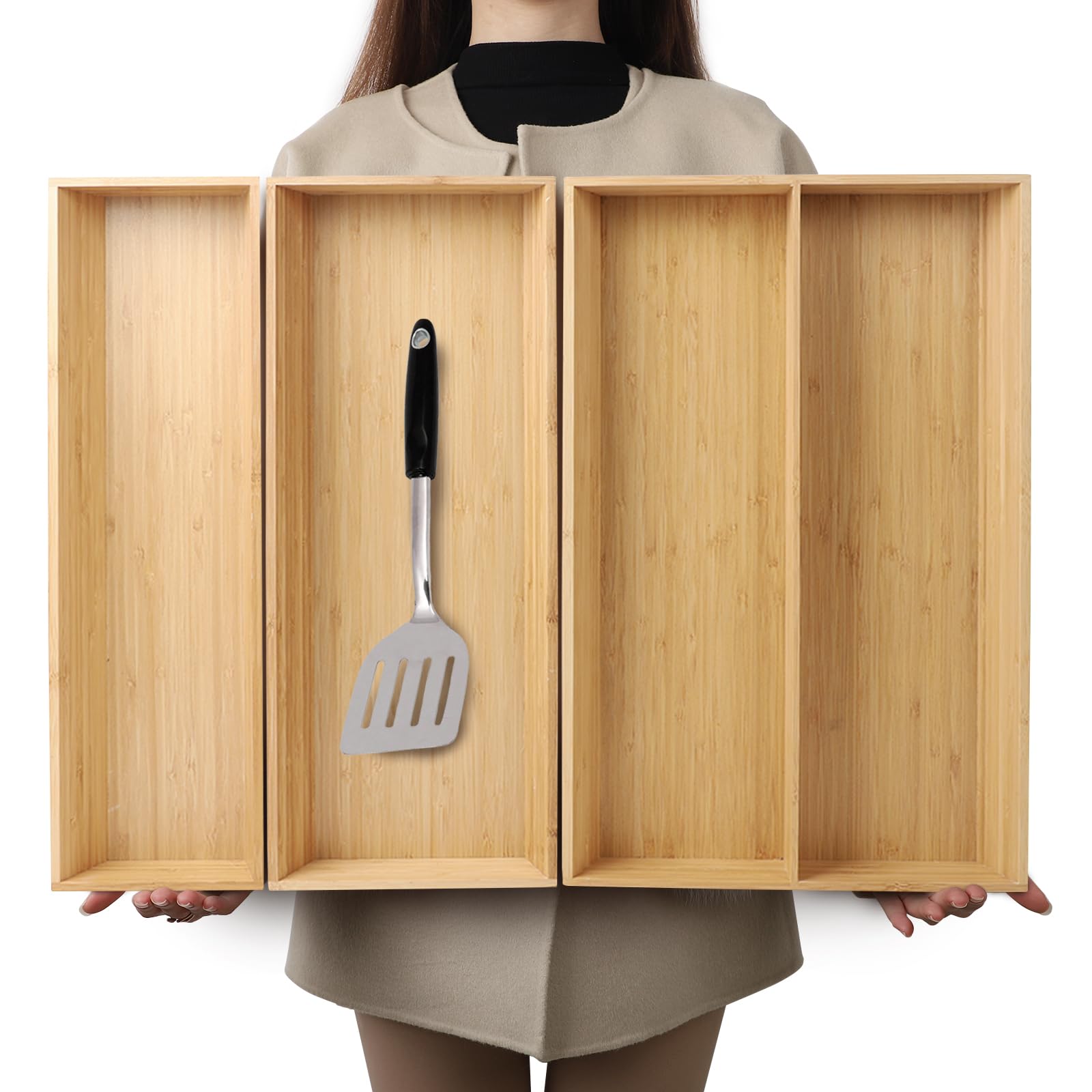 BAMOTTO CRAFTBAMBOO Stack Bamboo Drawer Organizer Set of 5, Kitchen Utensil, Flatware&Silverware Organizer-Wood Laminated Stackable for Kitchen, Bedroom, 13.4''x4.5''*2+10.2''x3.3''*2+10.2''x6.7''*1