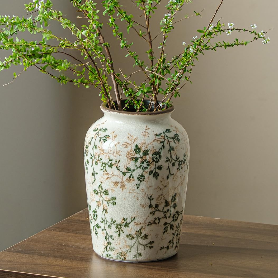 Ceramic Flower Vases Set of 3 | Green Rustic Farmhouse Vase Set for Home Decor, Vintage Floral Decorative Vase for Living Room & Kitchen, Mantel & Bookshelf, Centerpieces, Entryway(5.7+5.9+7.1Inch)
