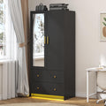 jiteentarou 2 Door Wardrobe Closet with Mirrors and LED Lights, Small Bedroom Armoire with Drawers, Modern Wooden Armoire Wardrobe Closet with Hanging Rod for Bedroom, Brown