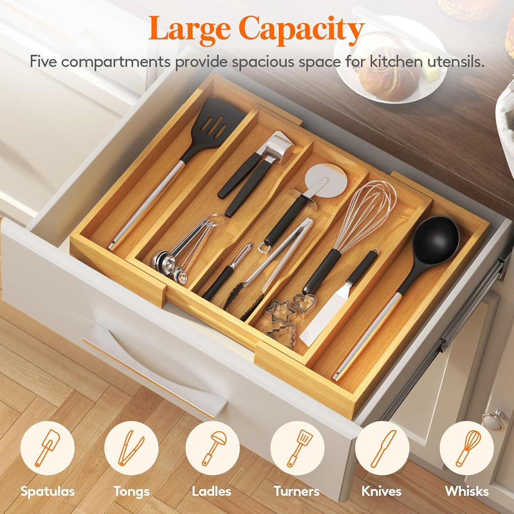 Expandable Wooden Kitchen Drawer Utensil Organizer Adjustable Cutlery Storage Tray 33-56×38cm Natural