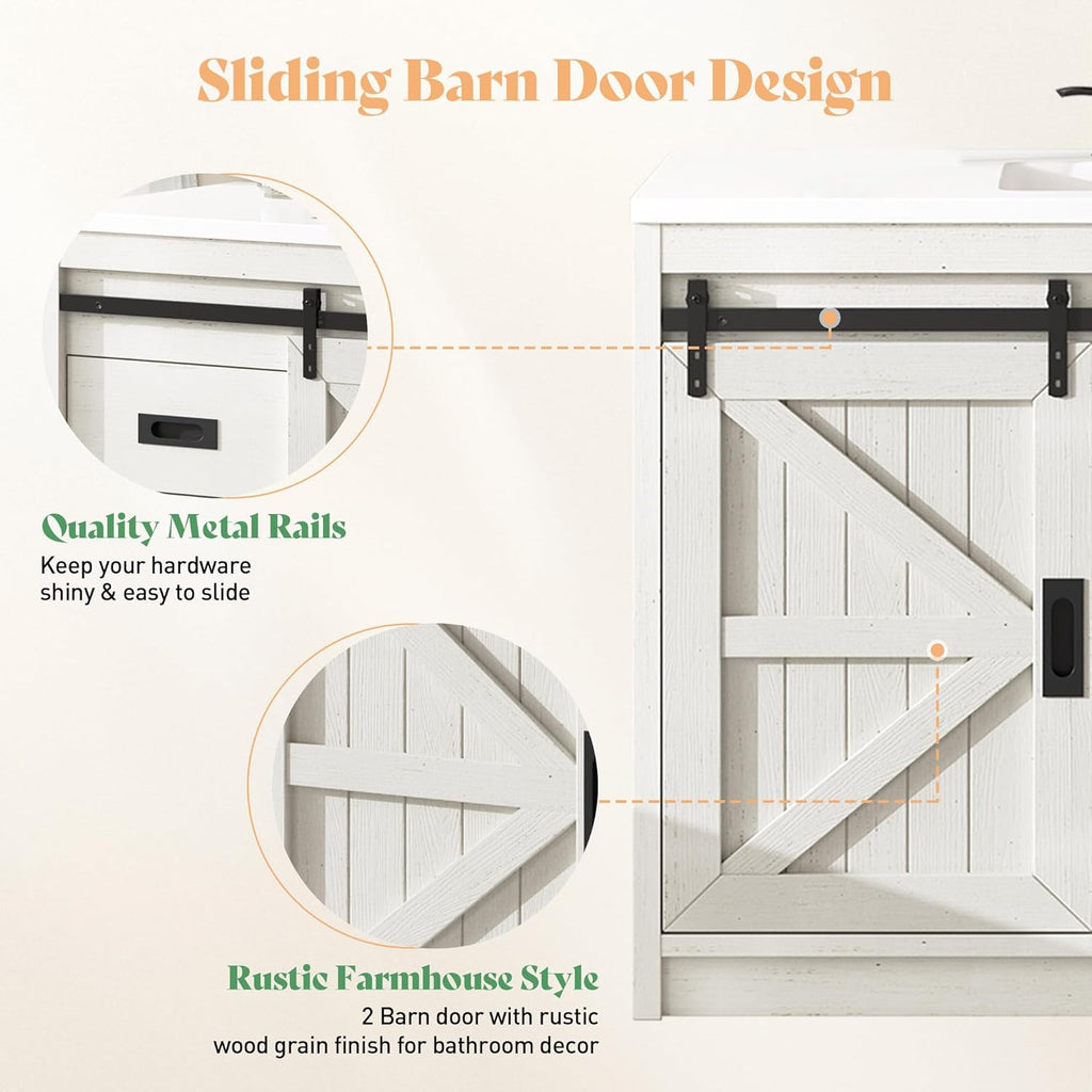 AMERLIFE 48" Farmhouse Freestanding Bathroom Vanity with Sink, Sliding Barn Doors Bathroom Vanity with Drawers & Deep Basin, Spacious Bathroom Storage, Rustic White