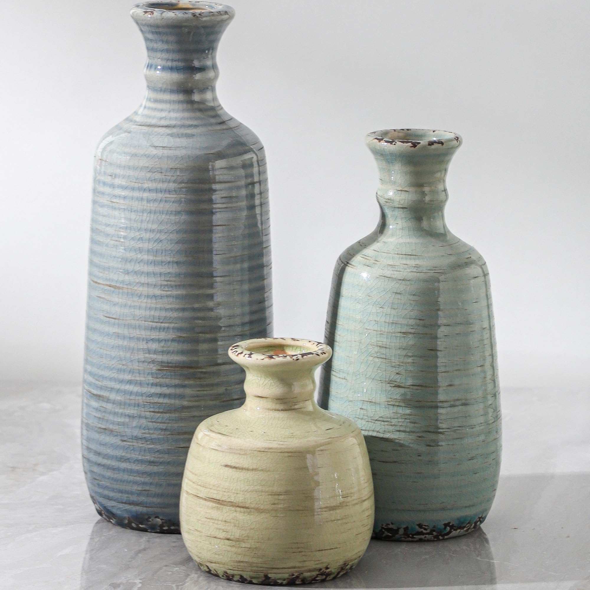 Ceramic Vase Set of 3 | Neutral Vase Home Decor with Handle | Pottery Modern Farmhouse Vases Pampas Grass Flower Vases for Home Decor Table Living Room Centerpieces Mantel Decor - Multicolor