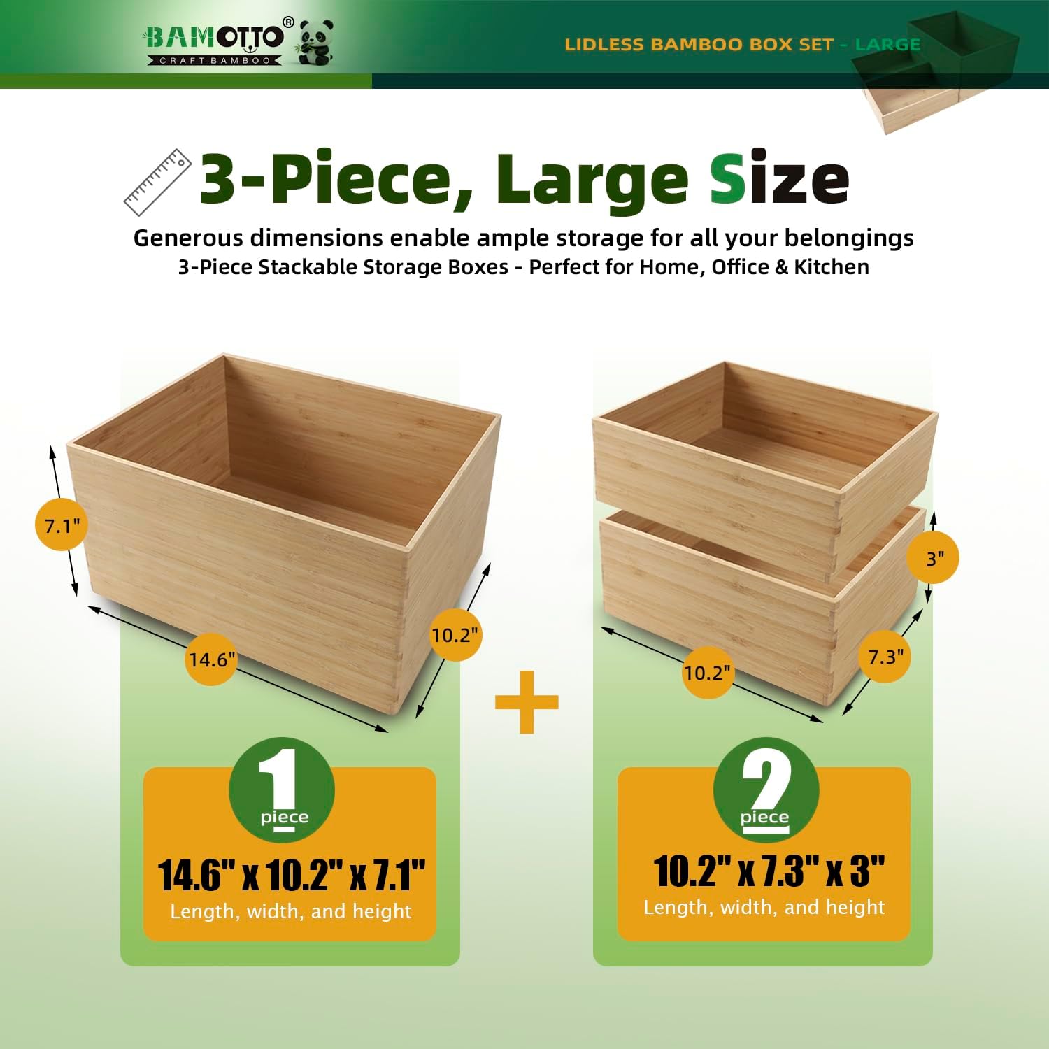 BAMOTTO CRAFTBAMBOO 3-Piece Large Bamboo Storage Box Set - 7.1in High Stackable Deep-Drawer Organizer, Lidless Bamboo Bin for Kitchen Cutlery Utensils Knives (14.6"x10.2"x7.1"*1 + 10.2"x7.3"x3"*2)