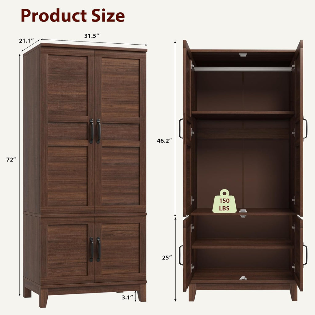 GarveeHome 72" Tall Armoire Wardrobe Closet with 4 Doors, Large Wooden Wardrobe Cabinet with Hanging Rod and Adjustable Shelves, Freestanding Clothing Storage Cabinet for Bedroom, Walnut Brown