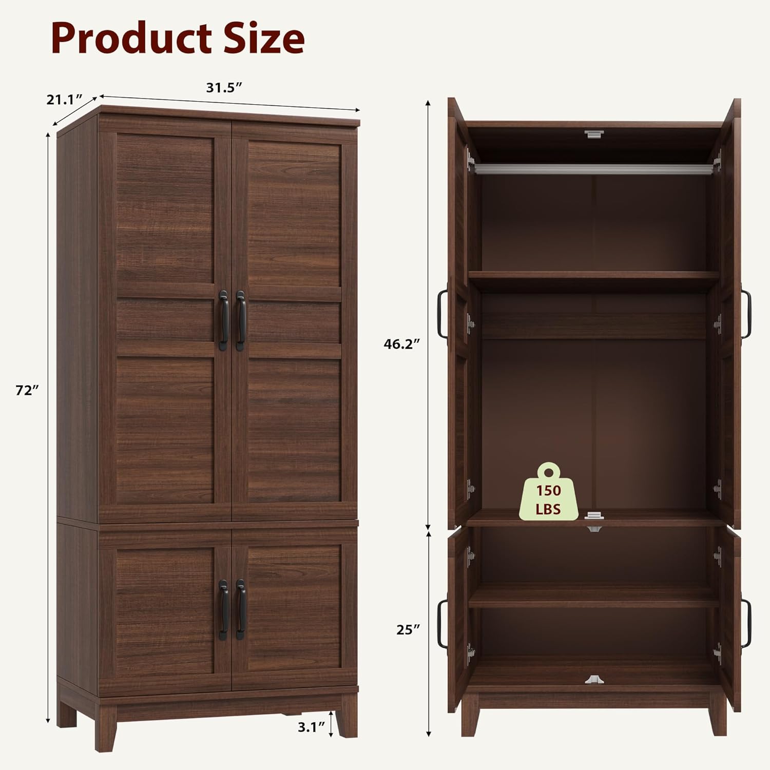 GarveeHome 72" Tall Armoire Wardrobe Closet with 4 Doors, Large Wooden Wardrobe Cabinet with Hanging Rod and Adjustable Shelves, Freestanding Clothing Storage Cabinet for Bedroom, Walnut Brown