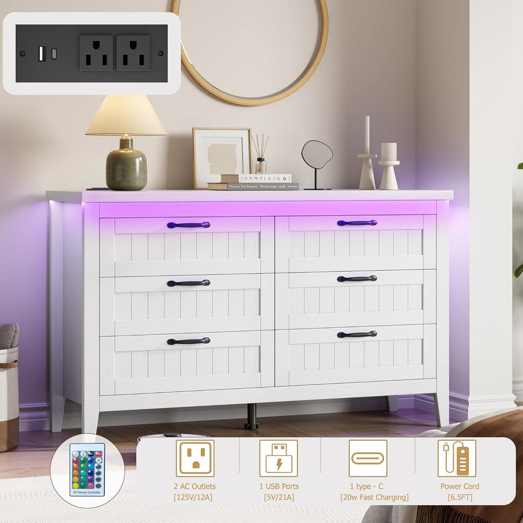 GarveeHome Farmhouse 6 Drawer Dresser with Charging Station & LED Lights, Slim Wooden Bedroom Dresser, Rustic Chest of Drawers Clothes Storage Organizer for Closet Dorm Apartments, White