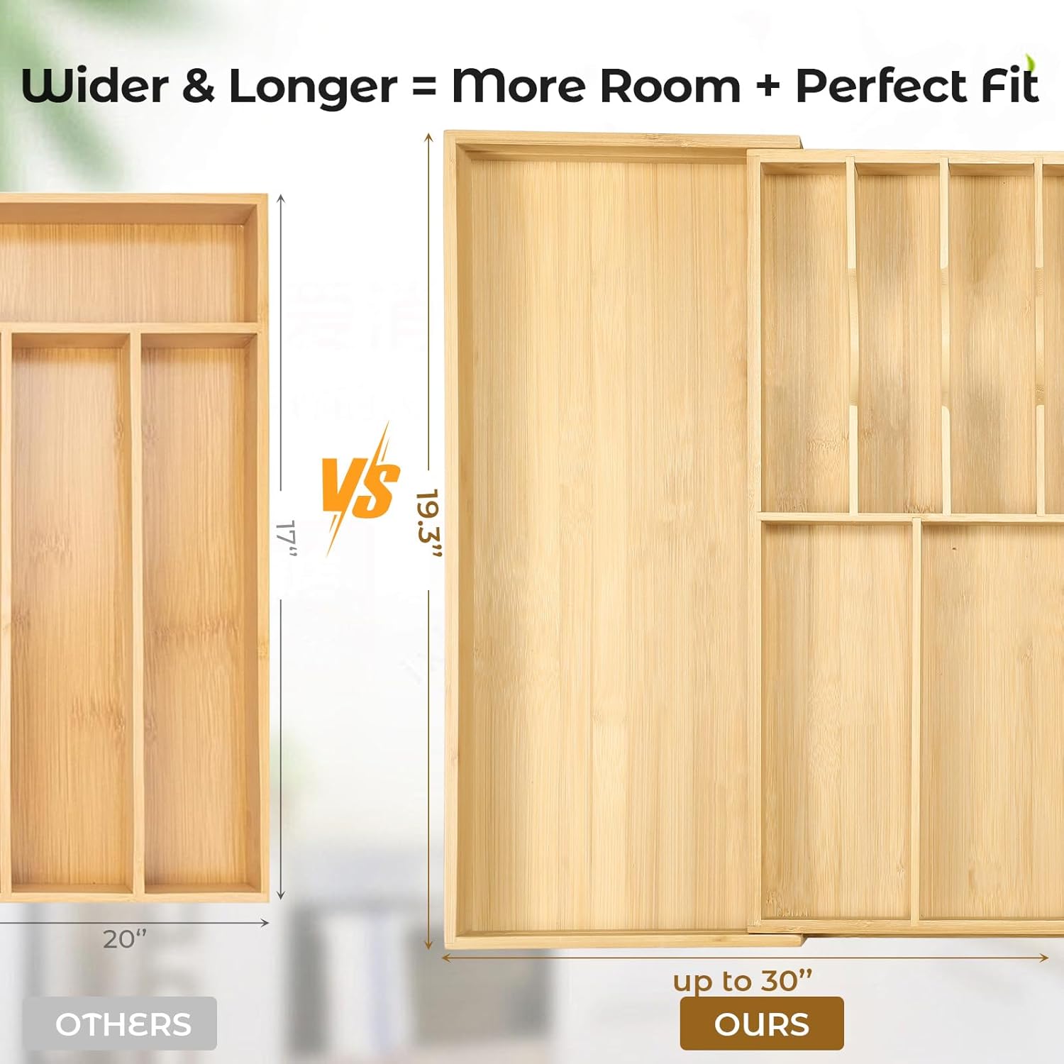 Expandable Bamboo Silverware Drawer Organizer Adjustable Kitchen Cutlery Storage Tray 16.7''-30''